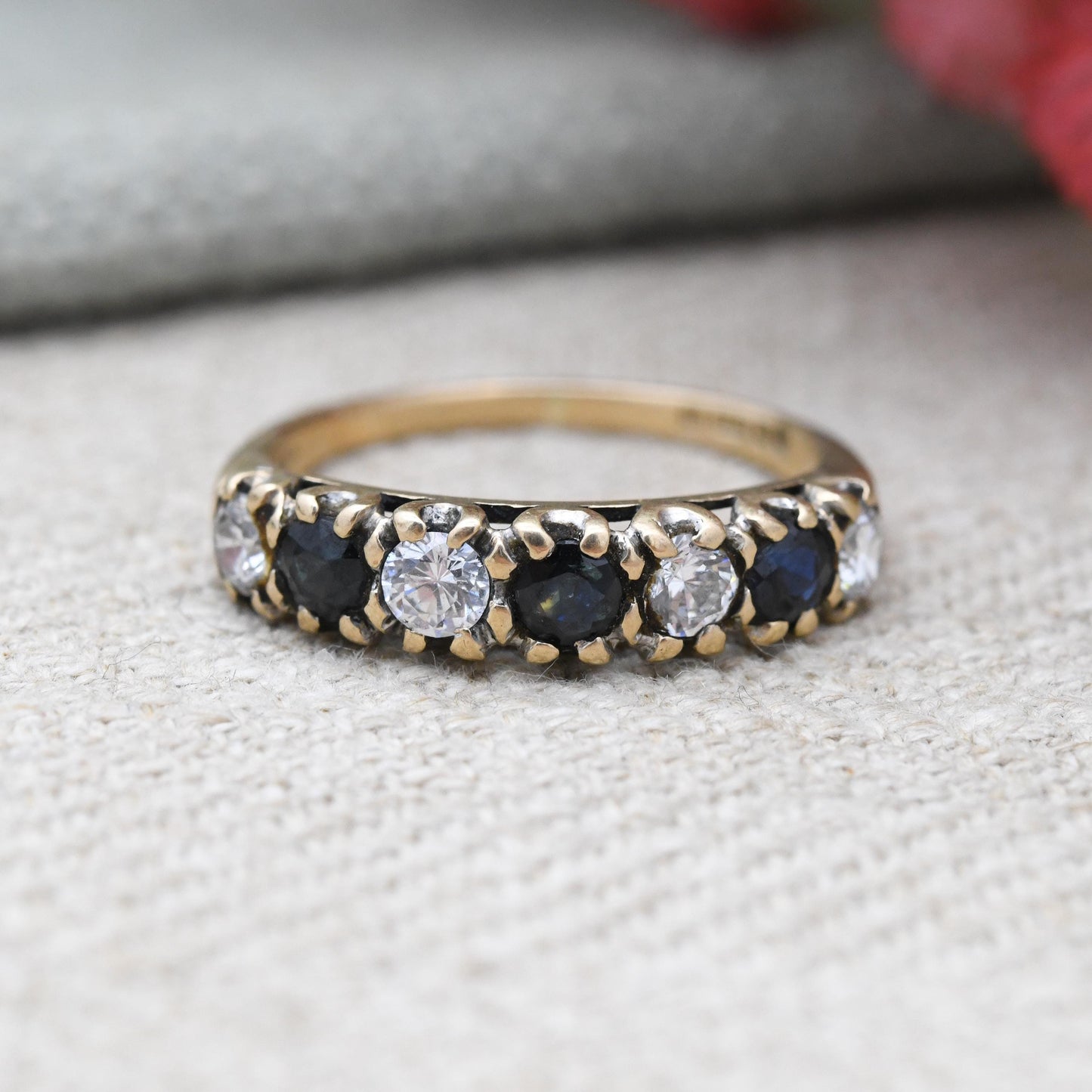 Vintage 9ct Gold Sapphire Half Eternity Ring 1981 with Clear Stones - Seven Stone Gemstone Half Hoop | UK Size - M 1/2 | US Size - 6 3/4