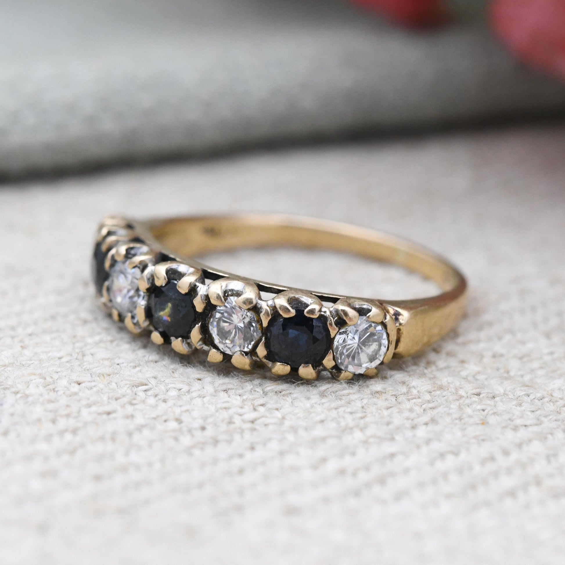 Vintage 9ct Gold Sapphire Half Eternity Ring 1981 with Clear Stones - Seven Stone Gemstone Half Hoop | UK Size - M 1/2 | US Size - 6 3/4