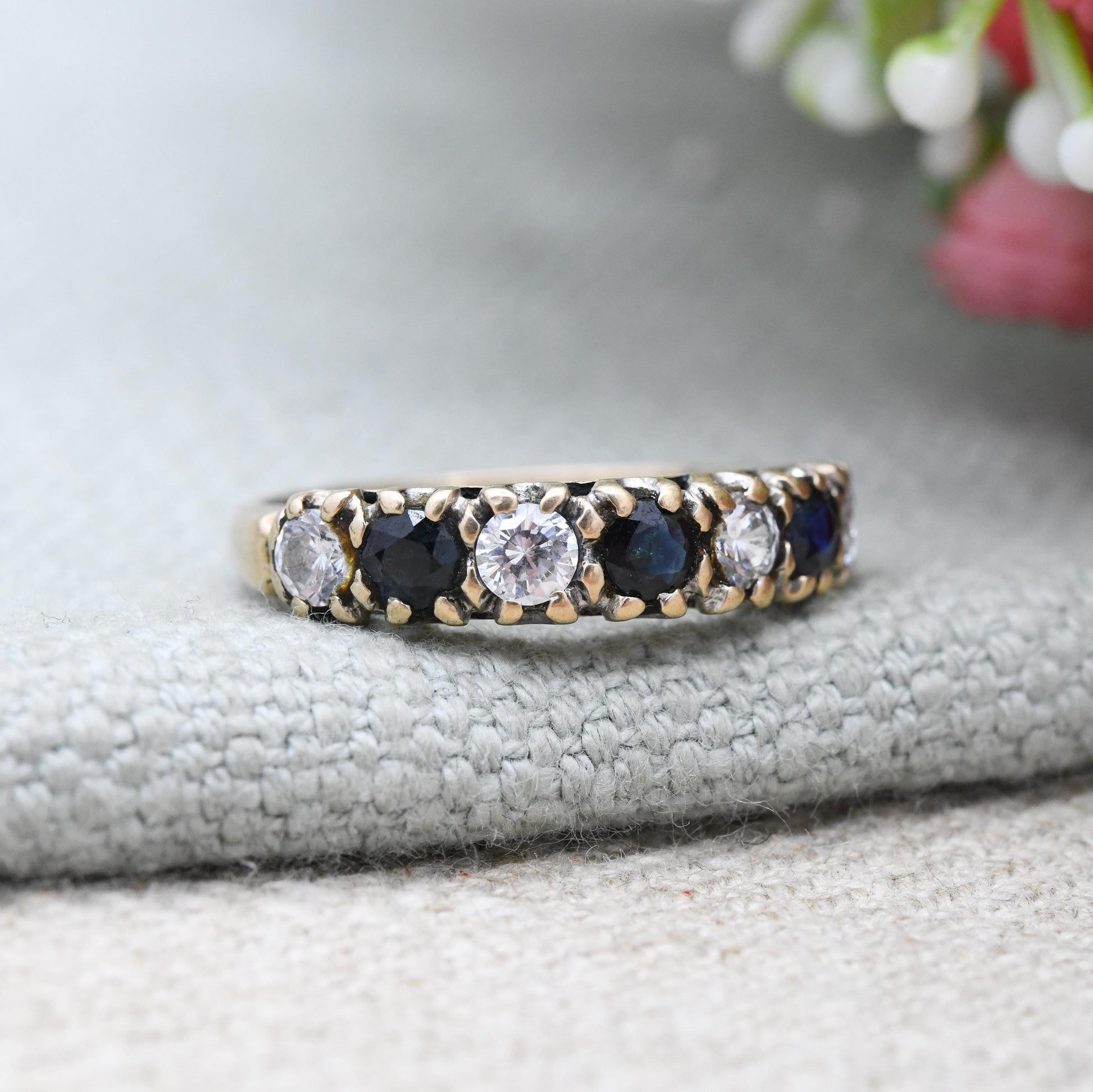 Vintage 9ct Gold Sapphire Half Eternity Ring 1981 with Clear Stones - Seven Stone Gemstone Half Hoop | UK Size - M 1/2 | US Size - 6 3/4