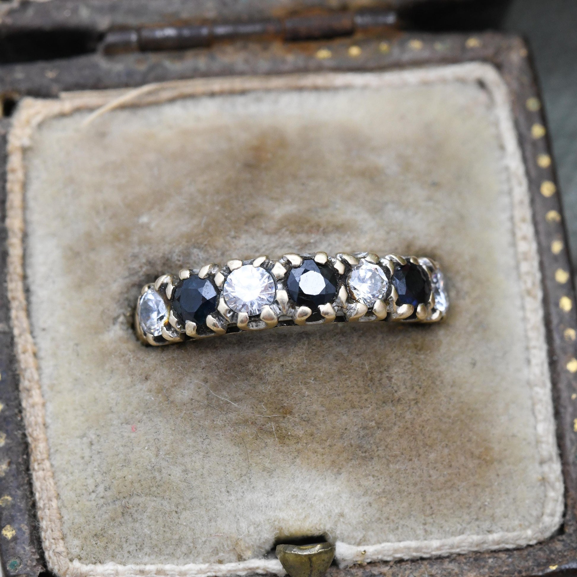 Vintage 9ct Gold Sapphire Half Eternity Ring 1981 with Clear Stones - Seven Stone Gemstone Half Hoop | UK Size - M 1/2 | US Size - 6 3/4