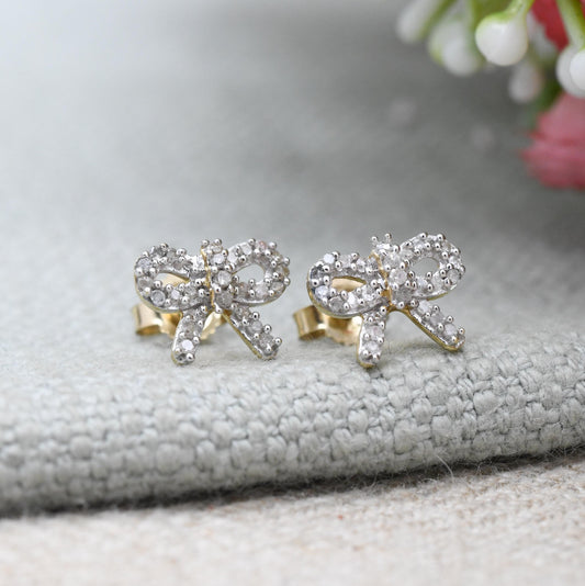 10ct Gold Diamond Bow Earrings TGGC - Sparkly Clear Gemstones | Gold Birthday Gift | Butterfly Backs | Everyday Dainty Stud Earrings