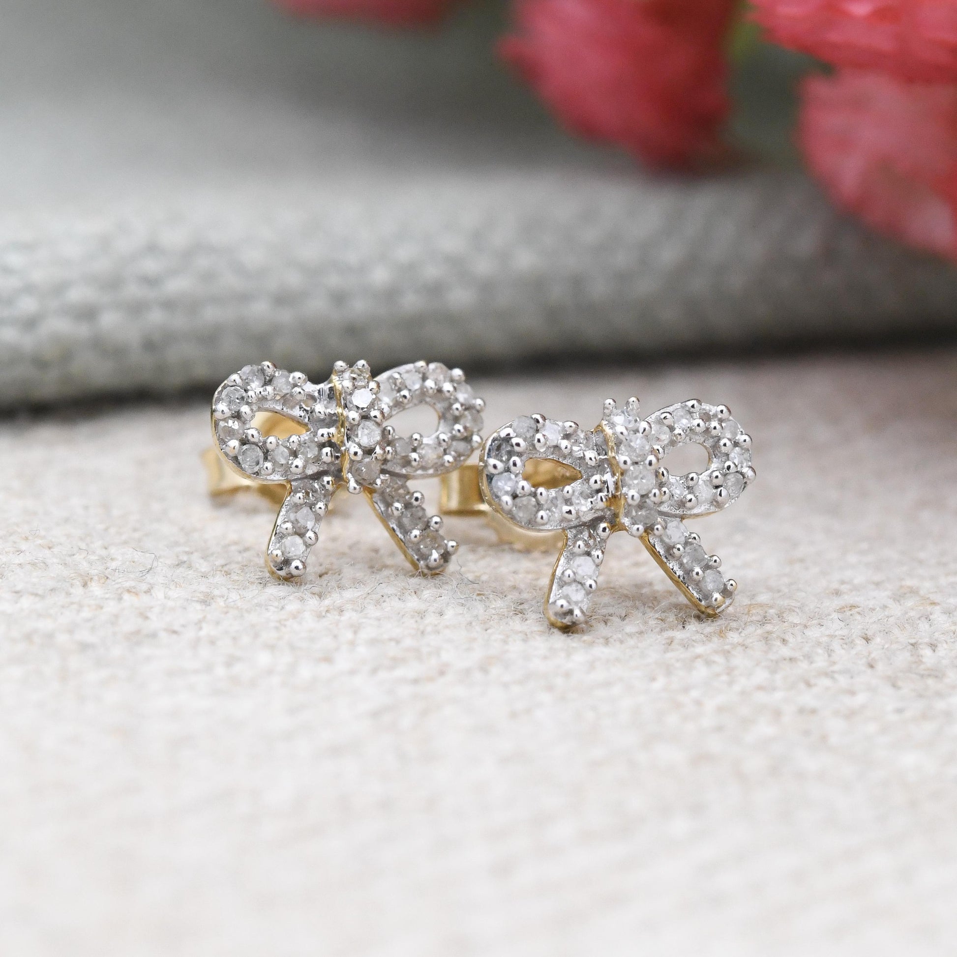 10ct Gold Diamond Bow Earrings TGGC - Sparkly Clear Gemstones | Gold Birthday Gift | Butterfly Backs | Everyday Dainty Stud Earrings