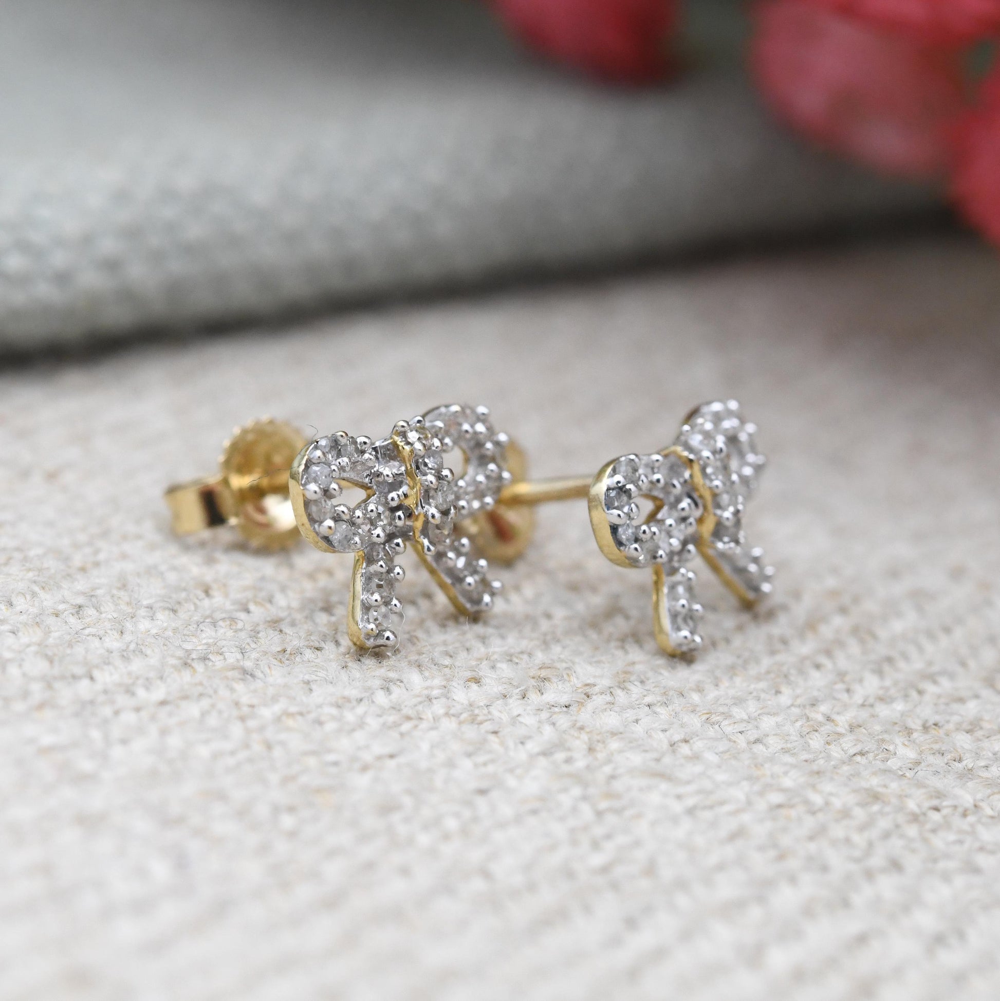 10ct Gold Diamond Bow Earrings TGGC - Sparkly Clear Gemstones | Gold Birthday Gift | Butterfly Backs | Everyday Dainty Stud Earrings