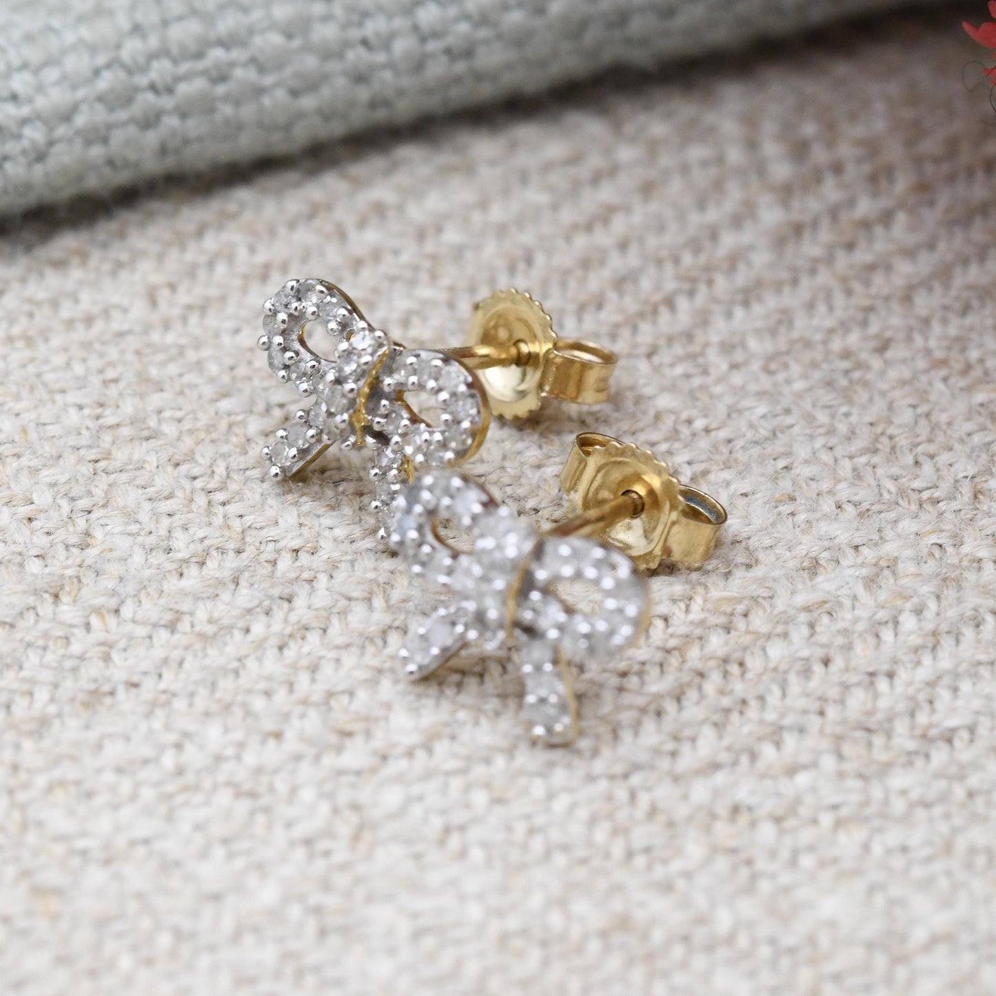 10ct Gold Diamond Bow Earrings TGGC - Sparkly Clear Gemstones | Gold Birthday Gift | Butterfly Backs | Everyday Dainty Stud Earrings