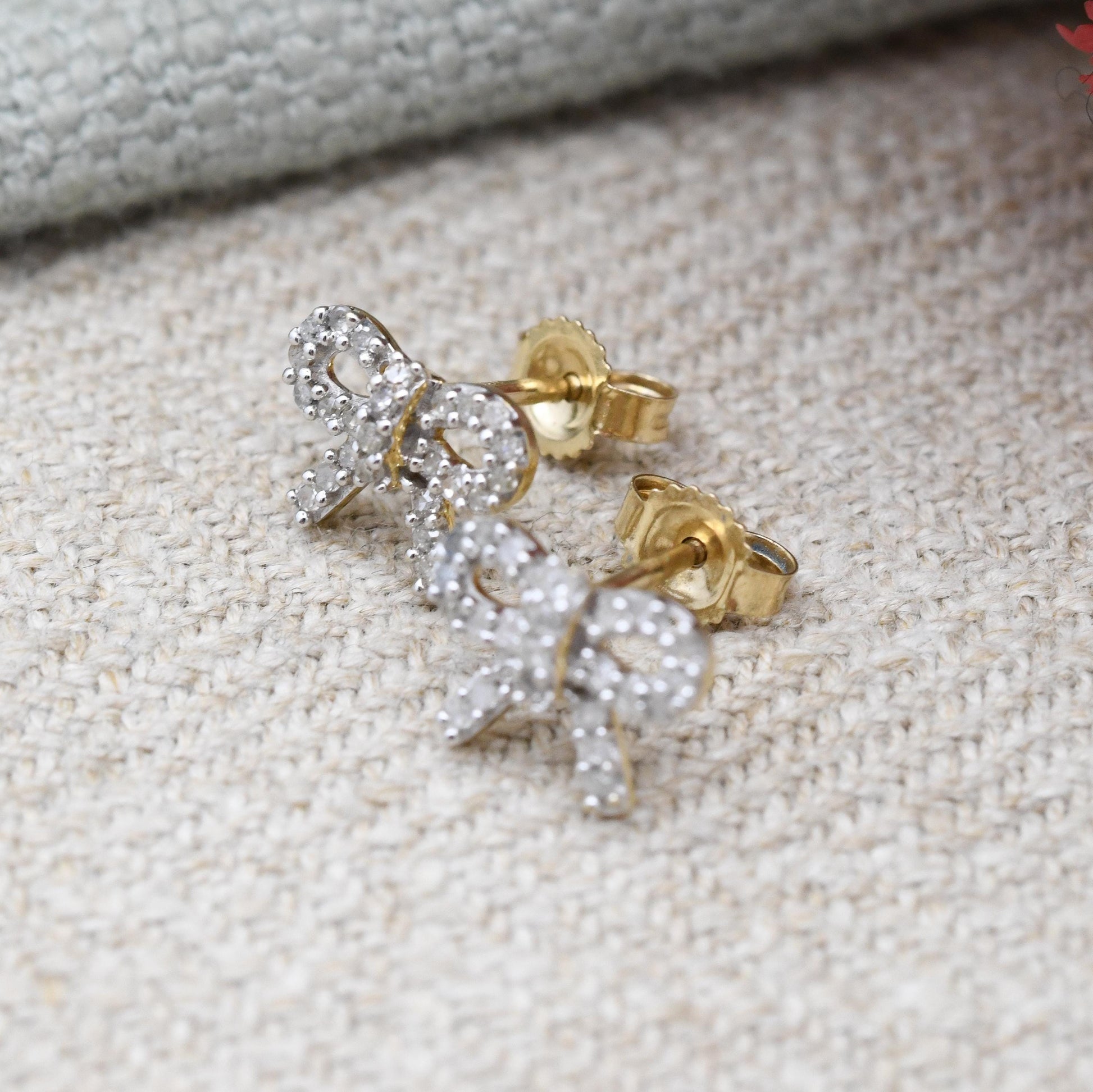10ct Gold Diamond Bow Earrings TGGC - Sparkly Clear Gemstones | Gold Birthday Gift | Butterfly Backs | Everyday Dainty Stud Earrings