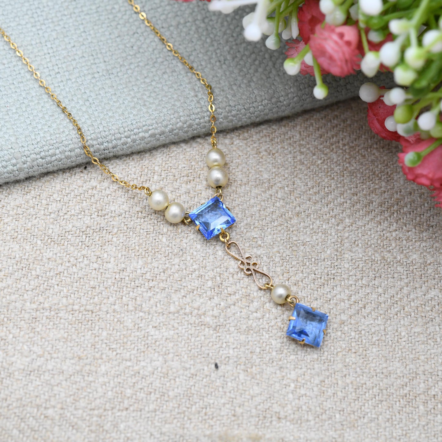 Antique Edwardian 9ct Gold Pendant Necklace with Blue Paste Stones and Faux Pearls - Integral Drop | Delicate Gold Jewellery Gift | c. 1910s