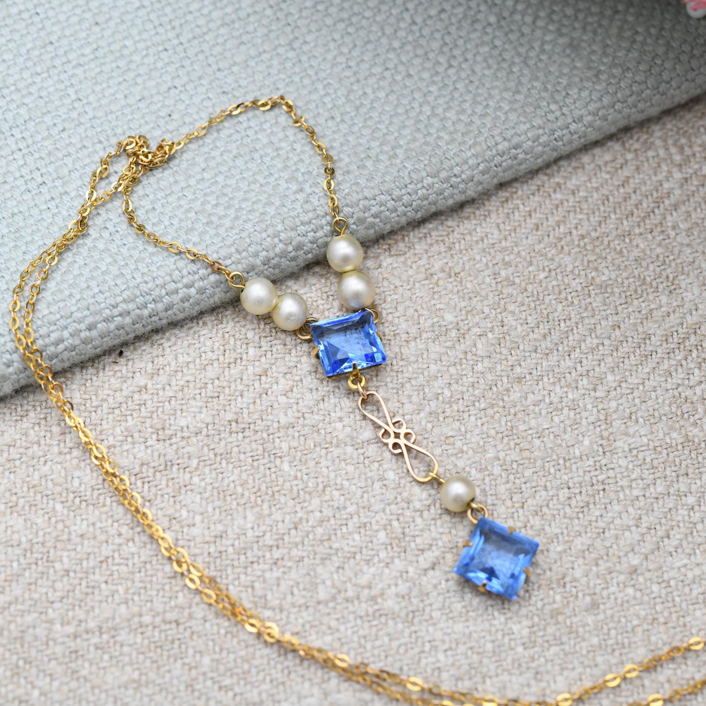 Antique Edwardian 9ct Gold Pendant Necklace with Blue Paste Stones and Faux Pearls - Integral Drop | Delicate Gold Jewellery Gift | c. 1910s
