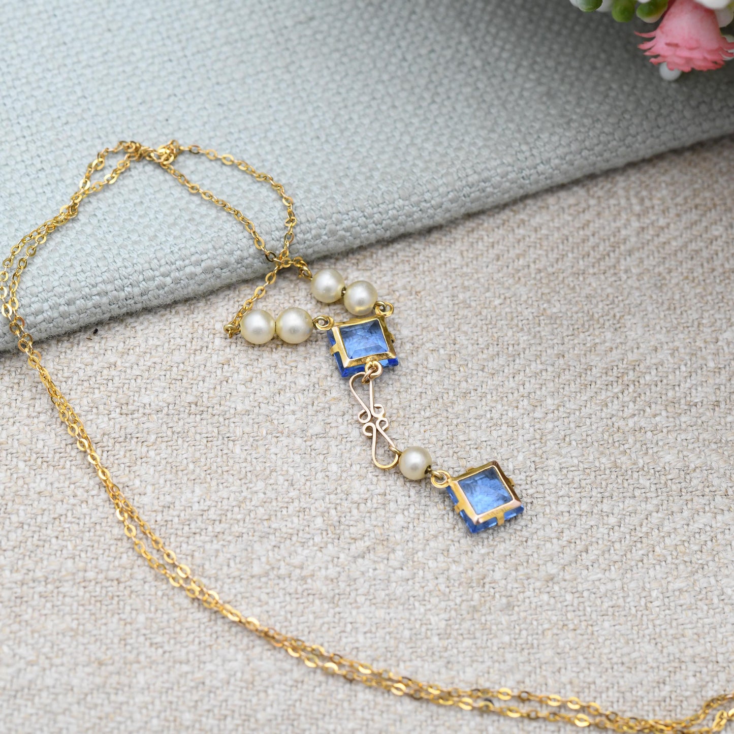 Antique Edwardian 9ct Gold Pendant Necklace with Blue Paste Stones and Faux Pearls - Integral Drop | Delicate Gold Jewellery Gift | c. 1910s