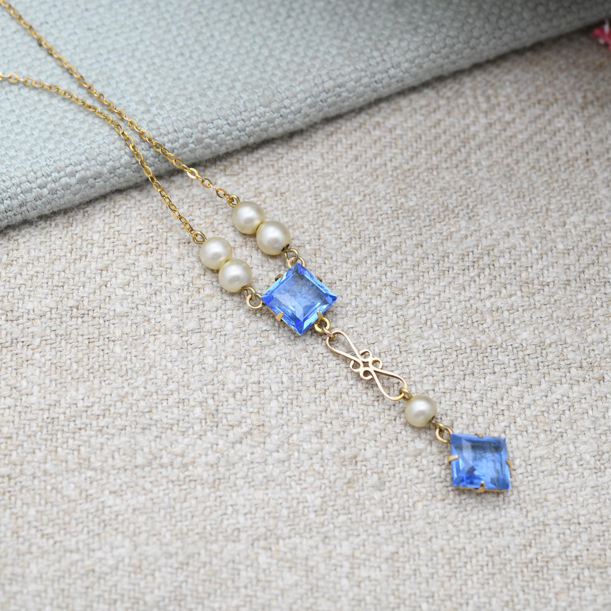 Antique Edwardian 9ct Gold Pendant Necklace with Blue Paste Stones and Faux Pearls - Integral Drop | Delicate Gold Jewellery Gift | c. 1910s