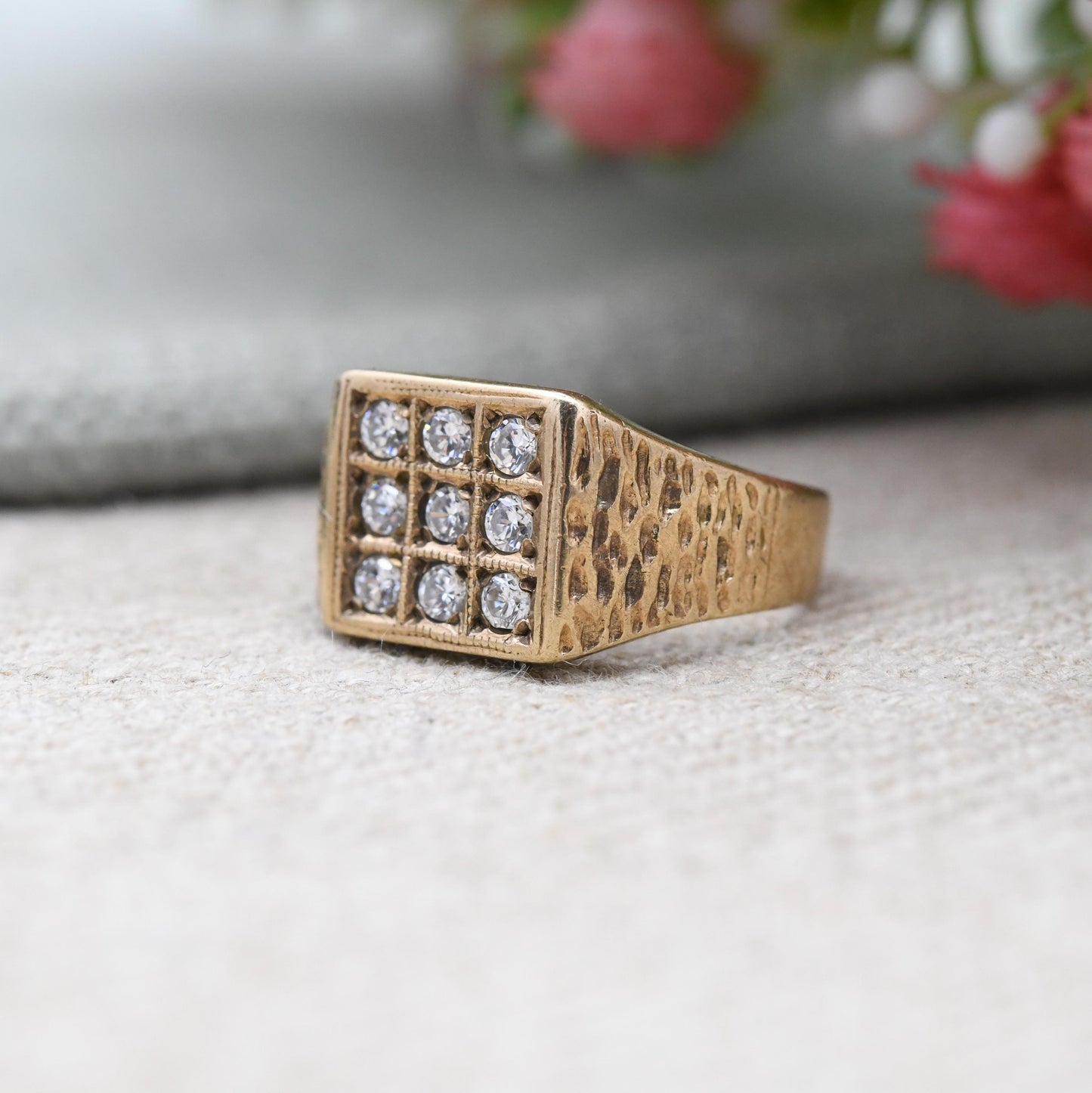 Vintage 9ct Gold CZ Signet Ring - 3 Rows | White Stone | Unisex Solid Yellow Gold Jewellery Gift for Him | UK Size - L | US Size - 5 3/4