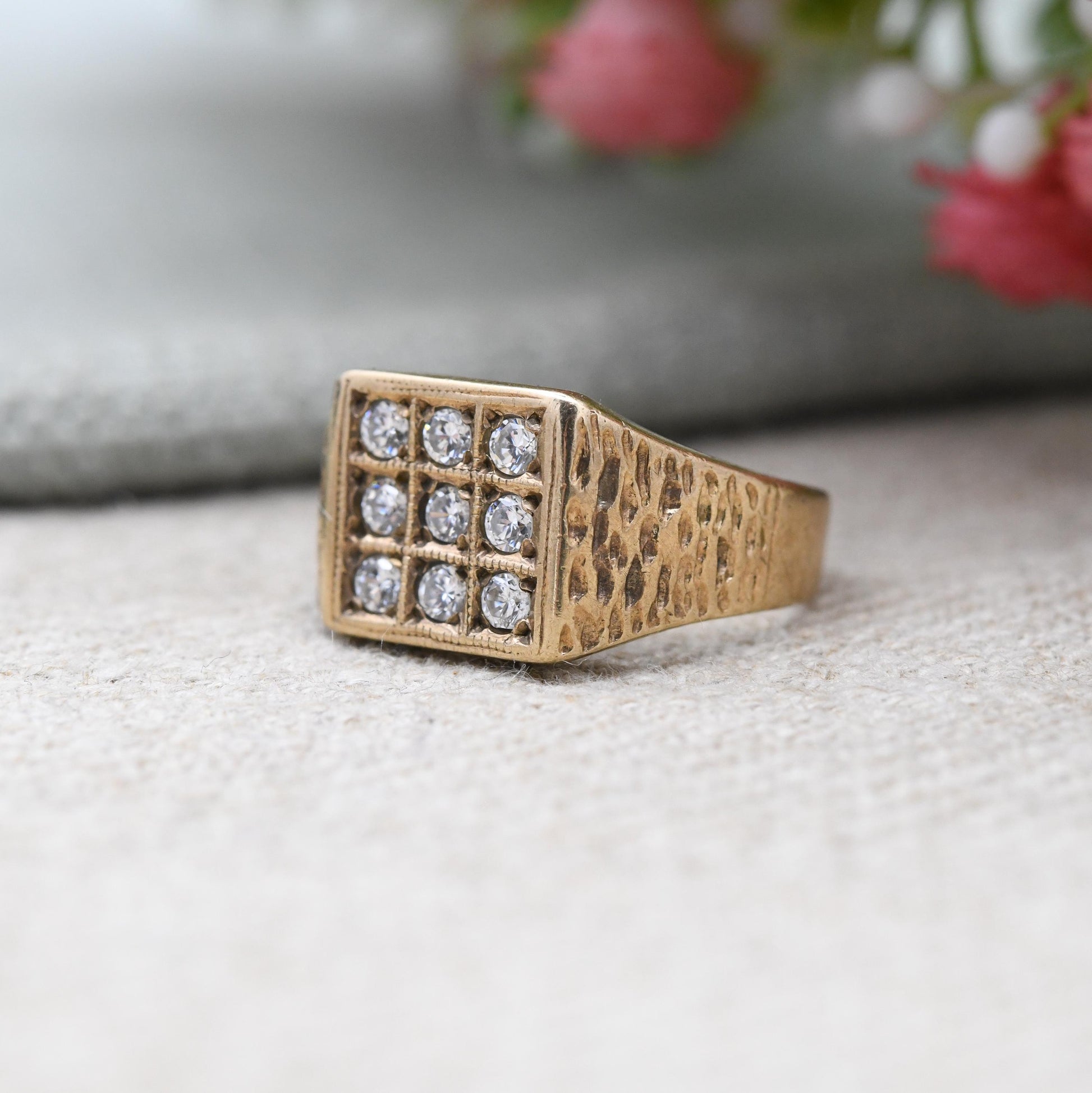 Vintage 9ct Gold CZ Signet Ring - 3 Rows | White Stone | Unisex Solid Yellow Gold Jewellery Gift for Him | UK Size - L | US Size - 5 3/4