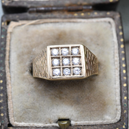 Vintage 9ct Gold CZ Signet Ring - 3 Rows | White Stone | Unisex Solid Yellow Gold Jewellery Gift for Him | UK Size - L | US Size - 5 3/4