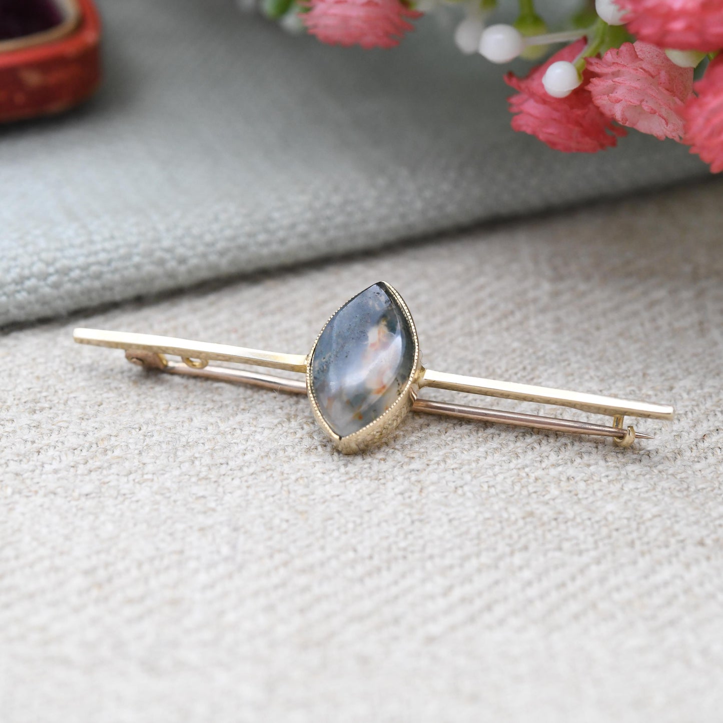 Antique Edwardian 9ct Gold Moss Agate Bar Brooch - Nature | Pretty Antique Gift | Solid Gold Gemstone Jewellery | Statement Pin