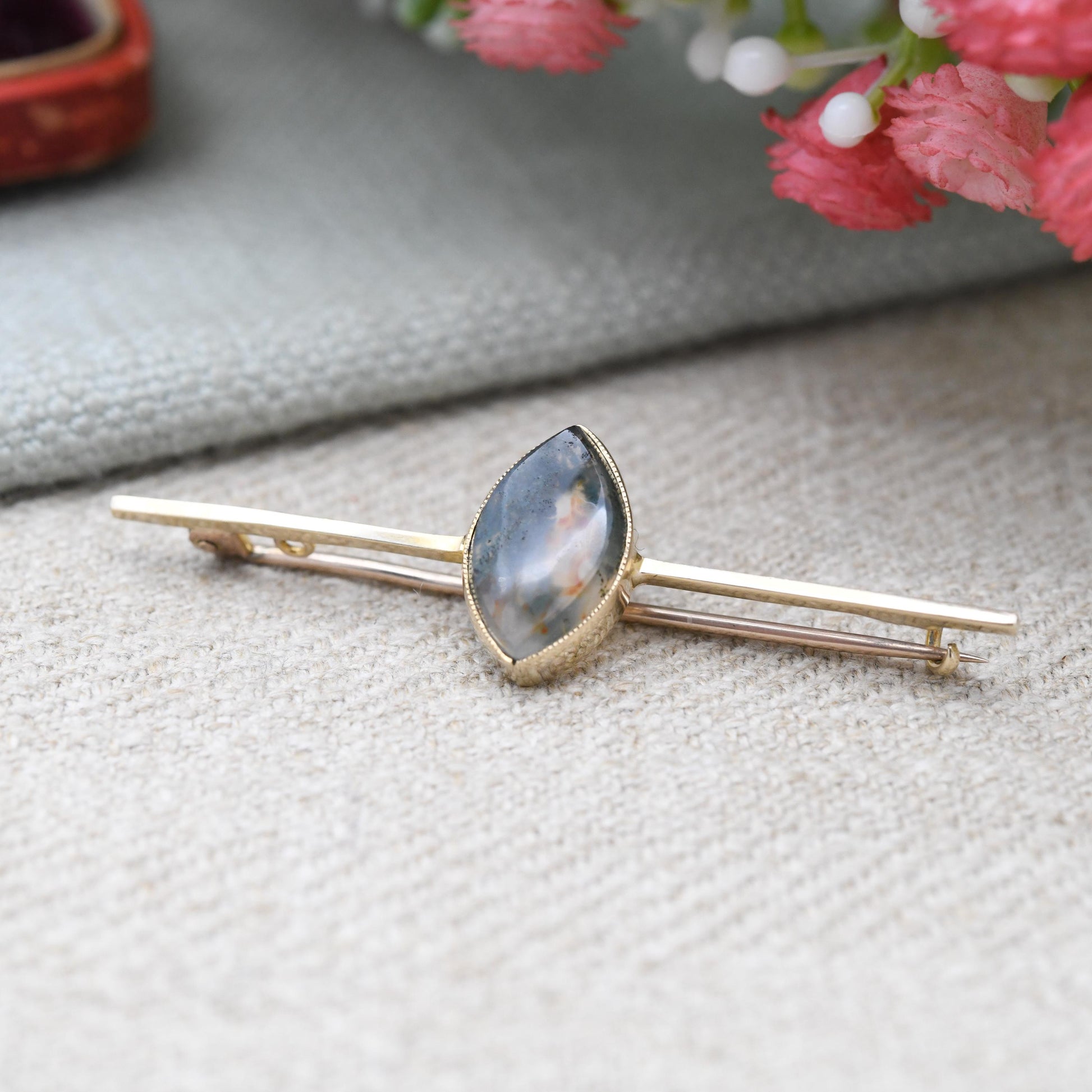 Antique Edwardian 9ct Gold Moss Agate Bar Brooch - Nature | Pretty Antique Gift | Solid Gold Gemstone Jewellery | Statement Pin