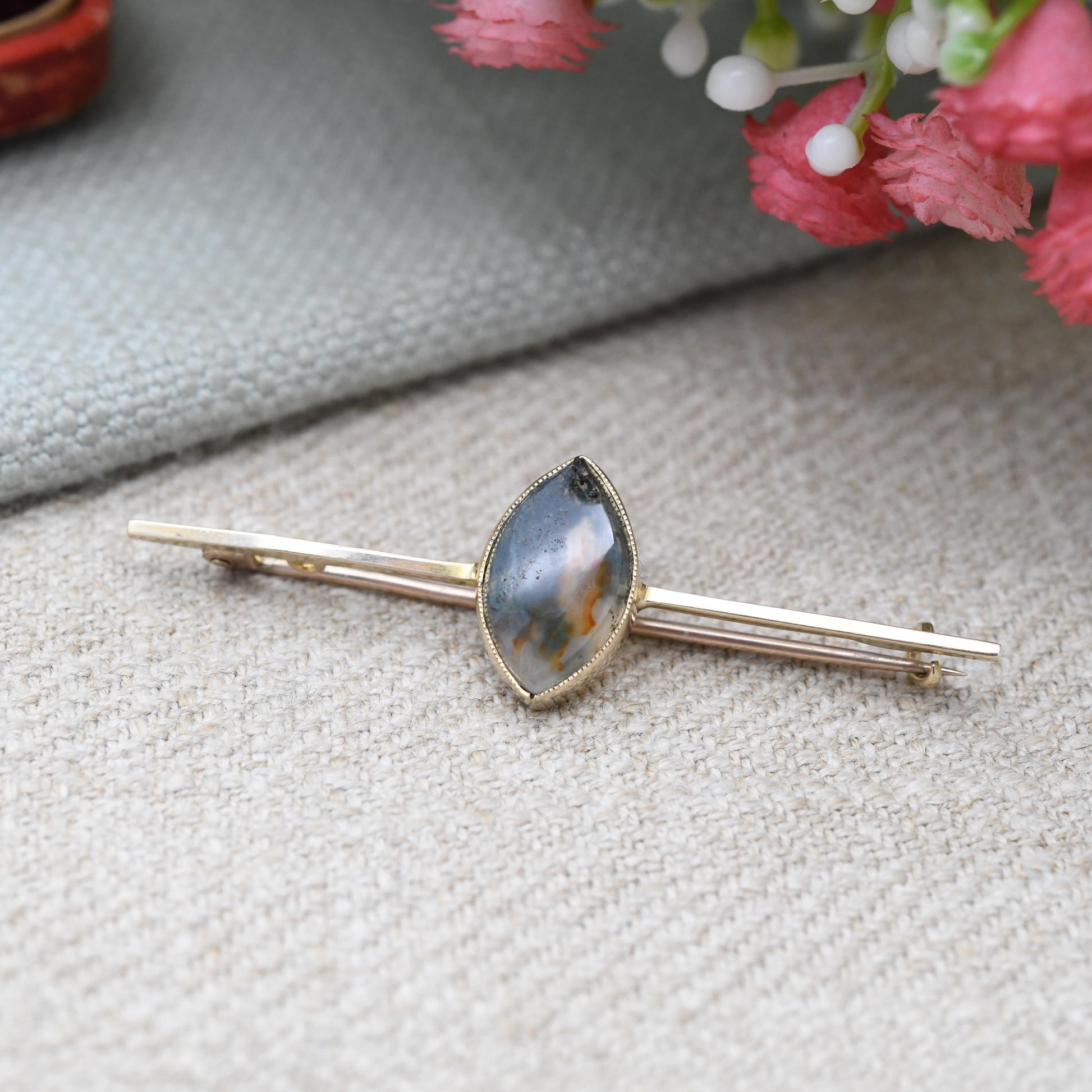 Antique Edwardian 9ct Gold Moss Agate Bar Brooch - Nature | Pretty Antique Gift | Solid Gold Gemstone Jewellery | Statement Pin