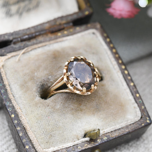Vintage 9ct Gold Ring Smoky Quartz Statement Ring 1977 PDL - Mid-Century Large Gemstone | UK Size - L | US Size - 5 3/4