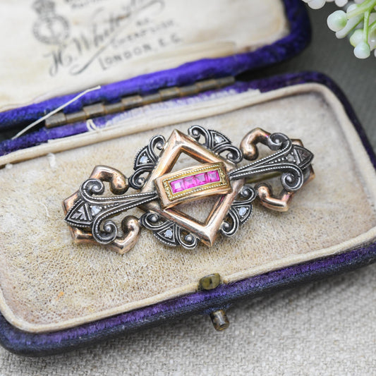 Antique 18ct Gold and Silver Ruby and Diamond Brooch - Ornate Period Jewellery | Beautiful Gift for Her | c. 1900 - 1930