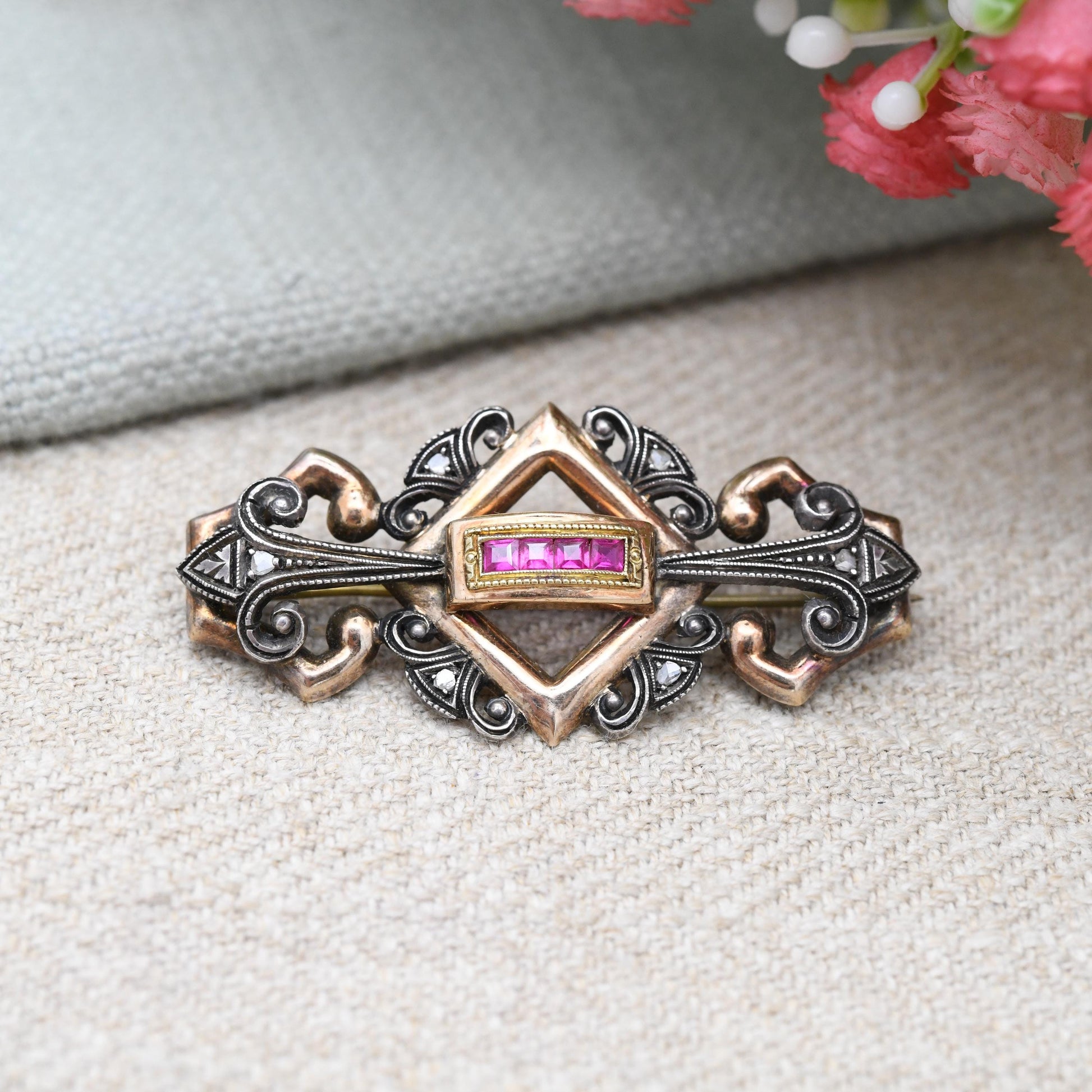Antique 18ct Gold and Silver Ruby and Diamond Brooch - Ornate Period Jewellery | Beautiful Gift for Her | c. 1900 - 1930