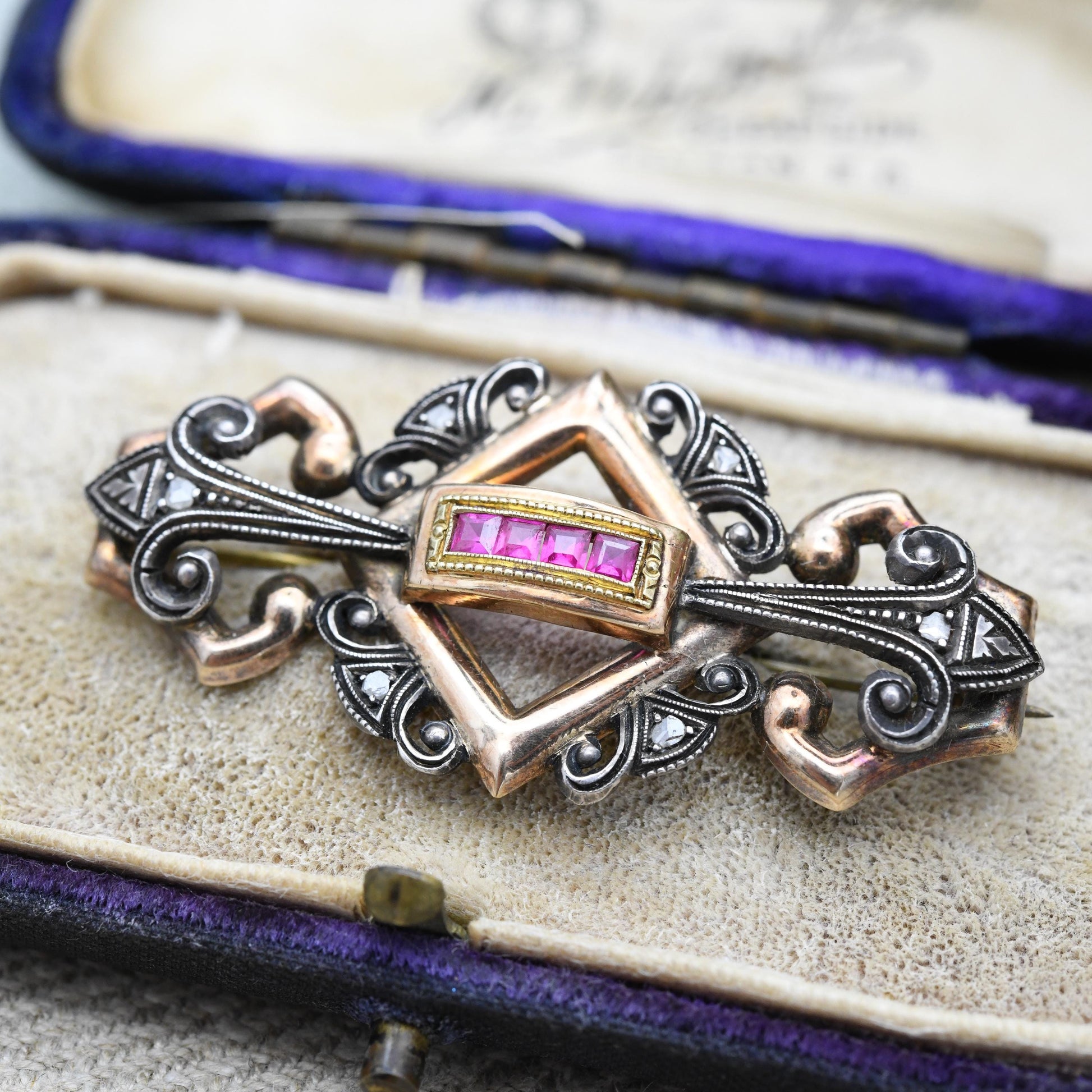 Antique 18ct Gold and Silver Ruby and Diamond Brooch - Ornate Period Jewellery | Beautiful Gift for Her | c. 1900 - 1930