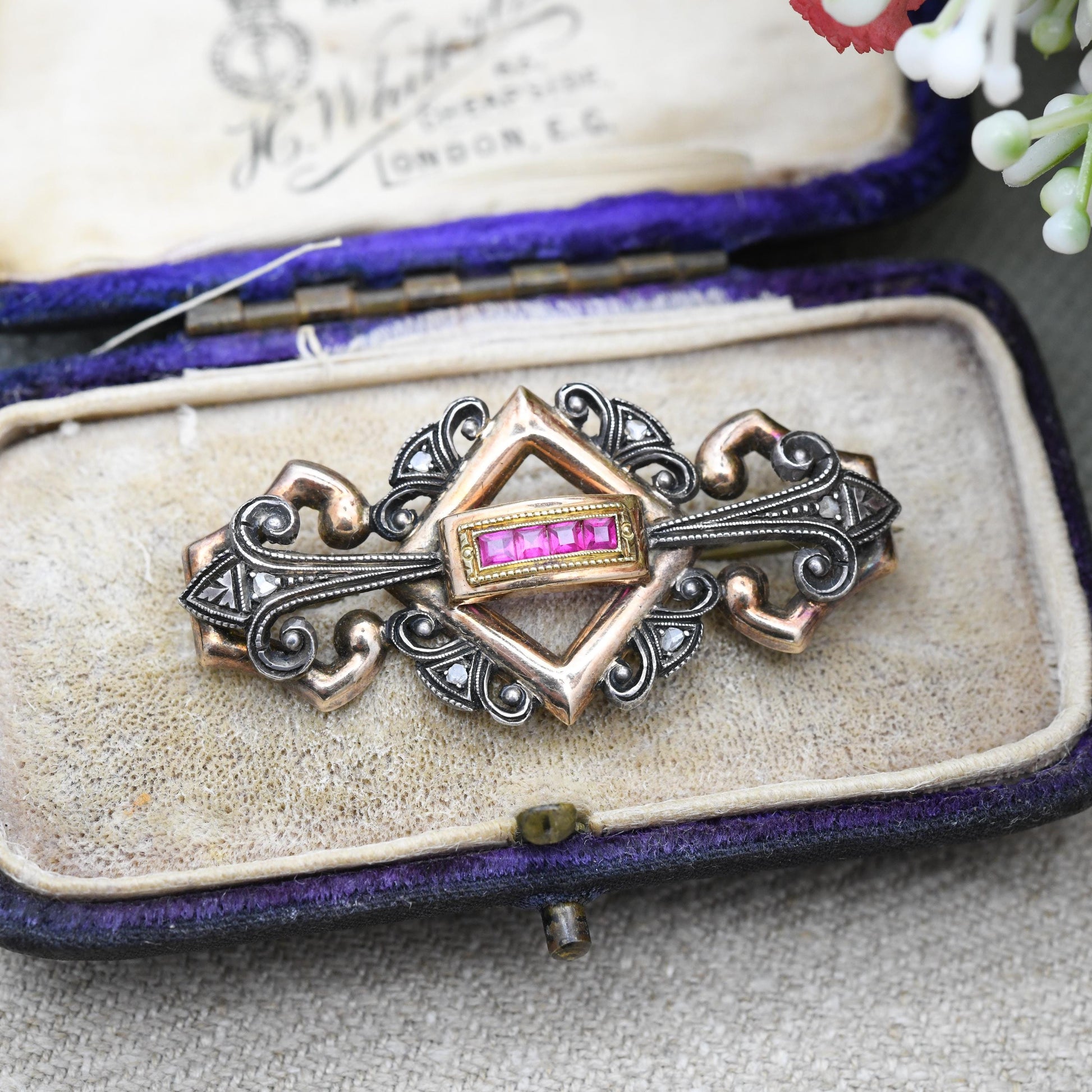 Antique 18ct Gold and Silver Ruby and Diamond Brooch - Ornate Period Jewellery | Beautiful Gift for Her | c. 1900 - 1930