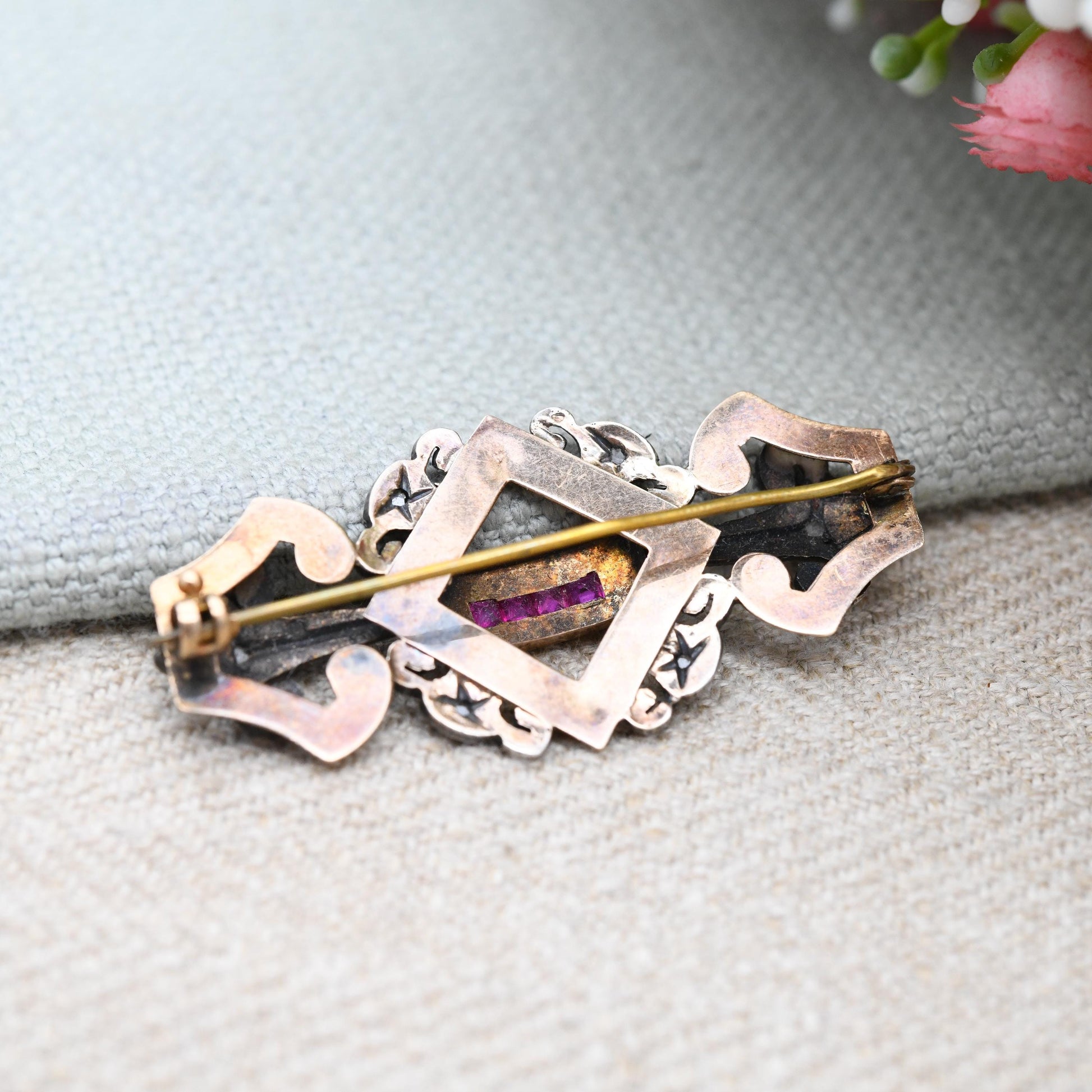Antique 18ct Gold and Silver Ruby and Diamond Brooch - Ornate Period Jewellery | Beautiful Gift for Her | c. 1900 - 1930