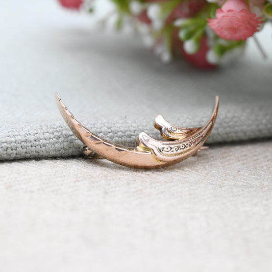 Antique 9ct Gold Crescent Moon Brooch - Edwardian Etched Rose and Yellow Gold