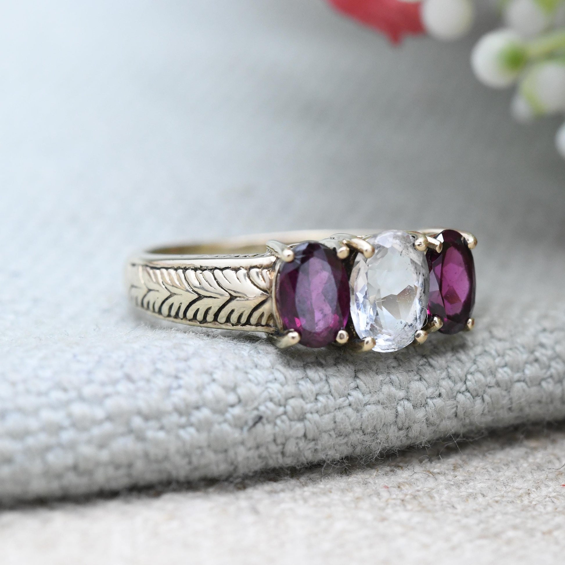 Vintage 9ct Gold Three Stone Ring by Gemporia GTV - Antique Style Engraved Shank | Pink and Clear Gemstones | UK Size - N | US Size - 7