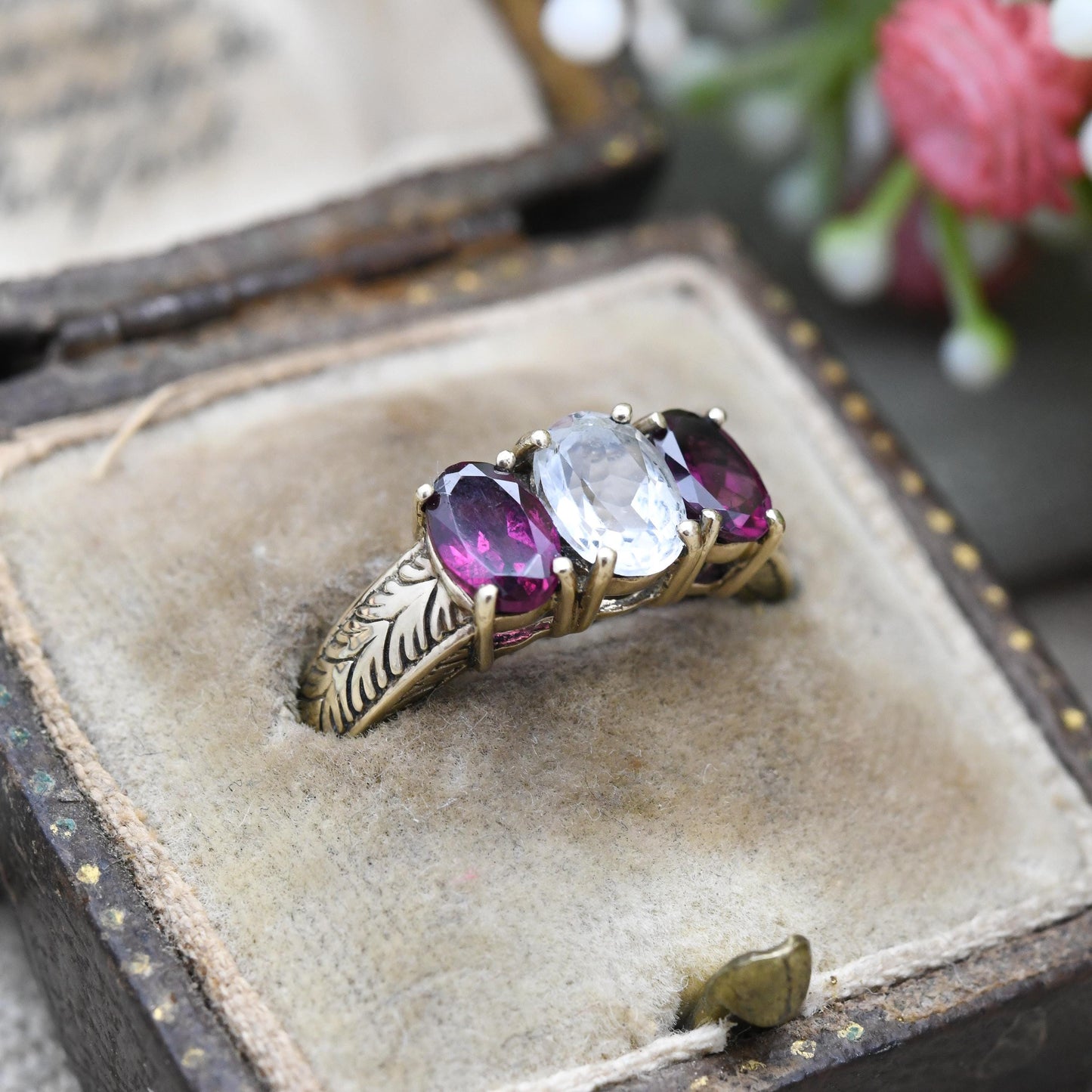 Vintage 9ct Gold Three Stone Ring by Gemporia GTV - Antique Style Engraved Shank | Pink and Clear Gemstones | UK Size - N | US Size - 7