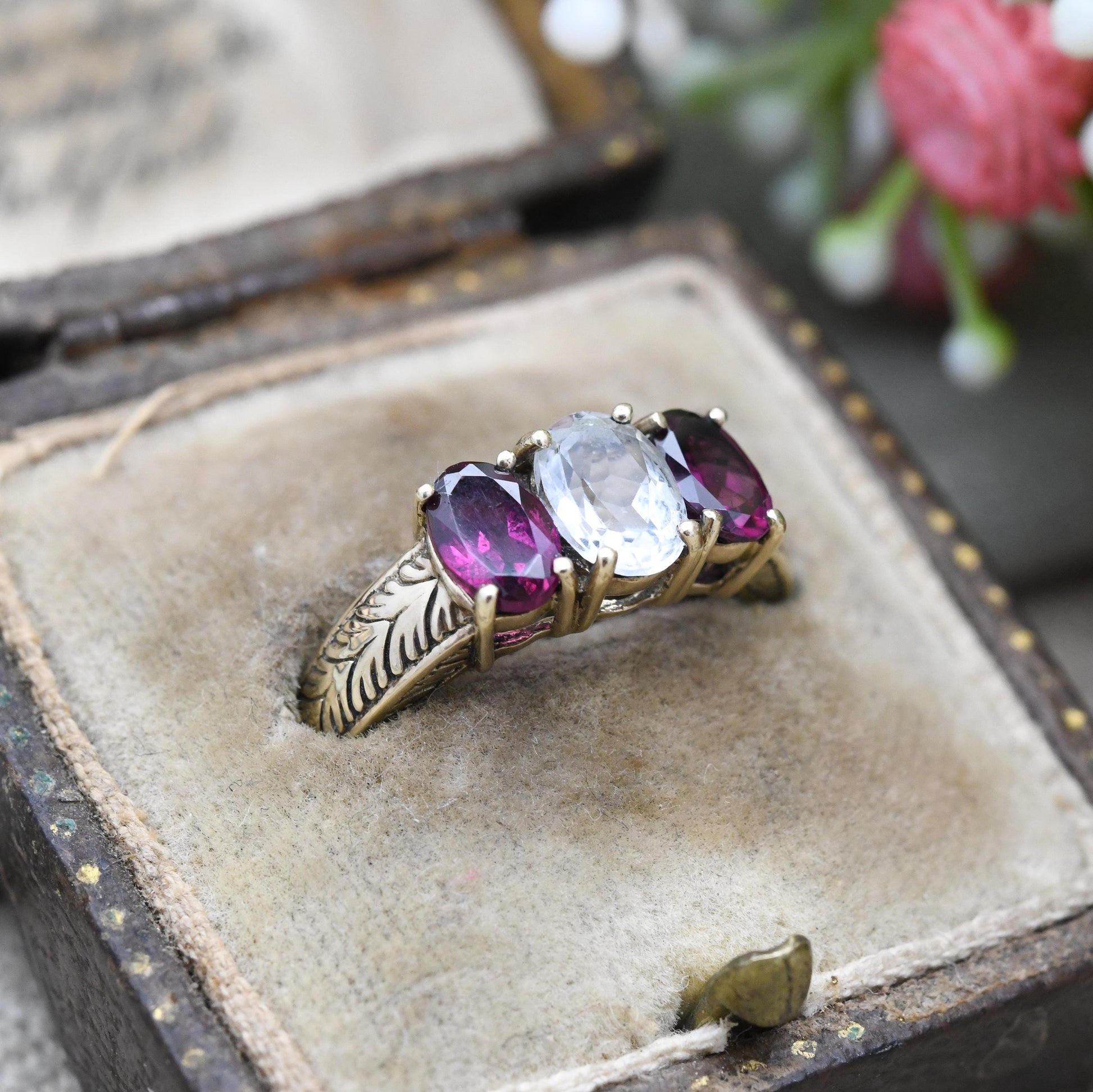 Vintage 9ct Gold Three Stone Ring by Gemporia GTV - Antique Style Engraved Shank | Pink and Clear Gemstones | UK Size - N | US Size - 7