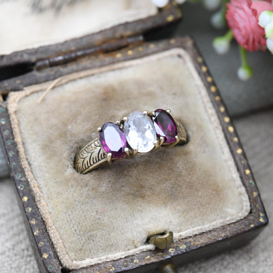 Vintage 9ct Gold Three Stone Ring by Gemporia GTV - Antique Style Engraved Shank | Pink and Clear Gemstones | UK Size - N | US Size - 7