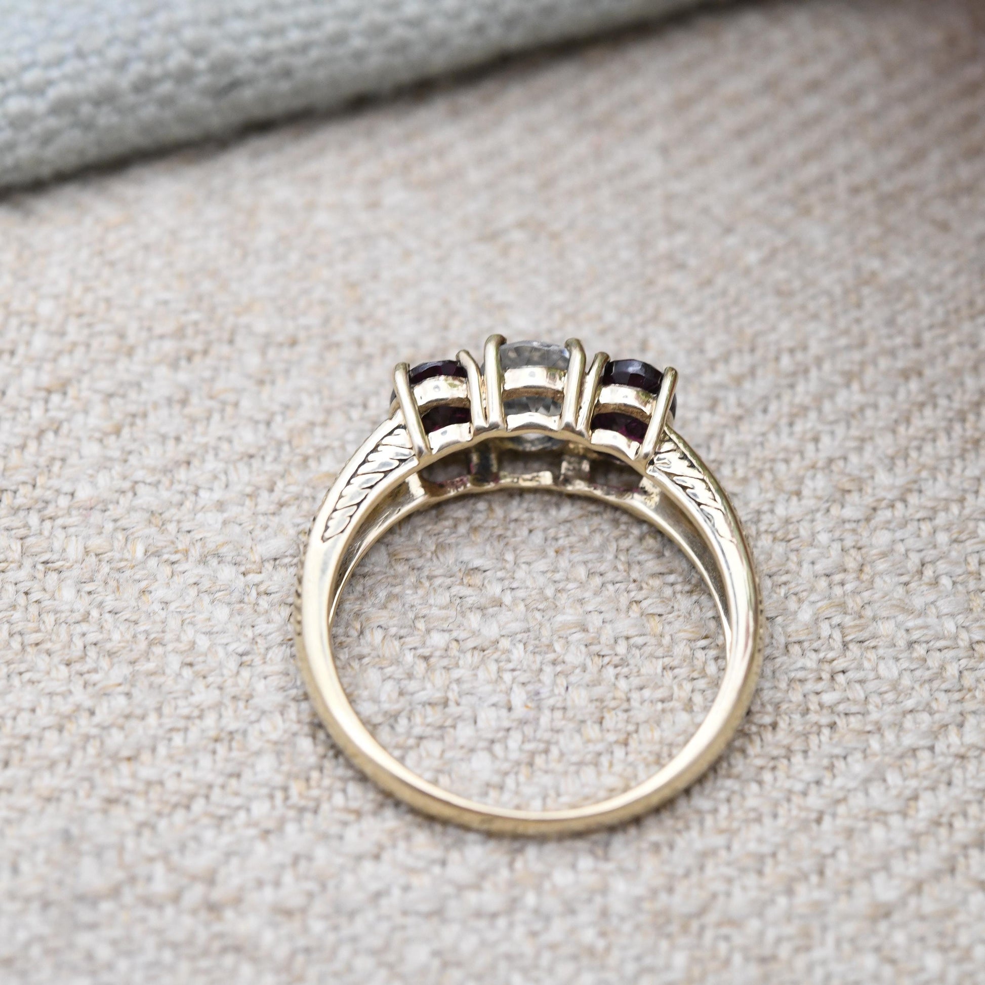 Vintage 9ct Gold Three Stone Ring by Gemporia GTV - Antique Style Engraved Shank | Pink and Clear Gemstones | UK Size - N | US Size - 7