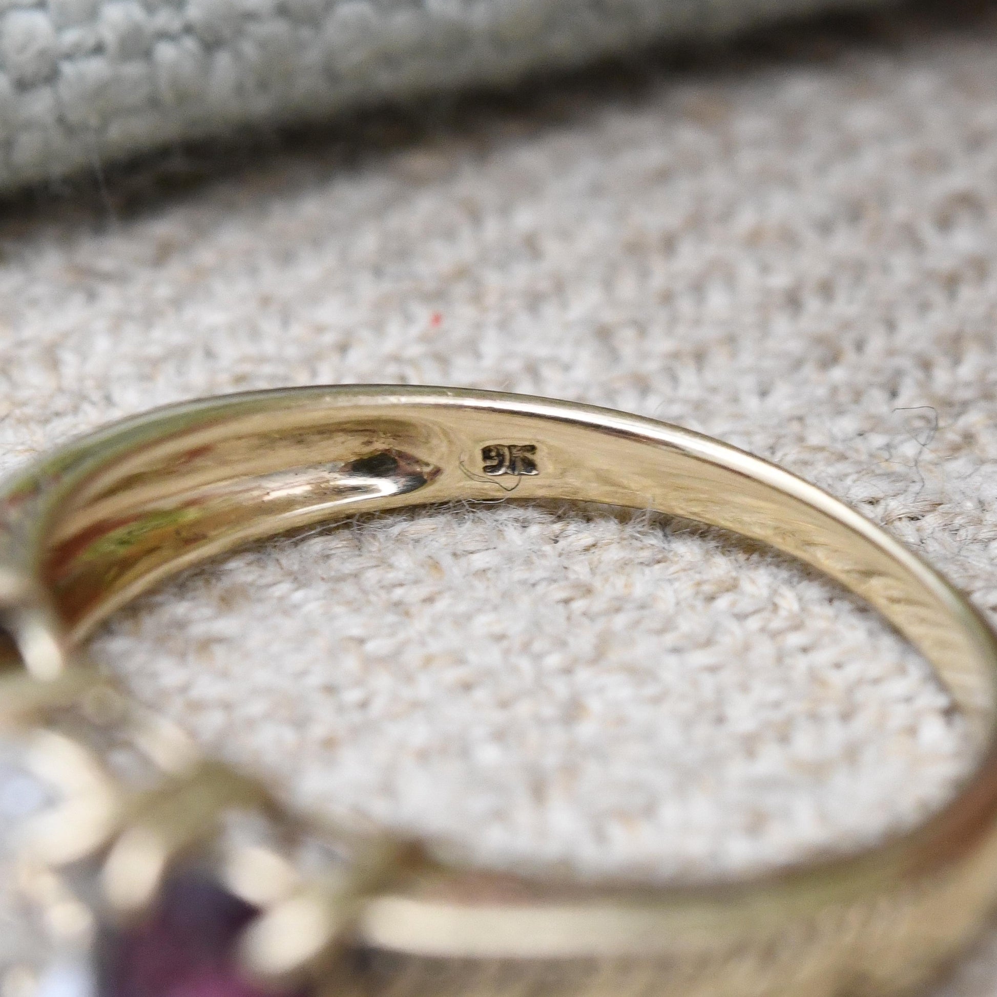 Vintage 9ct Gold Three Stone Ring by Gemporia GTV - Antique Style Engraved Shank | Pink and Clear Gemstones | UK Size - N | US Size - 7