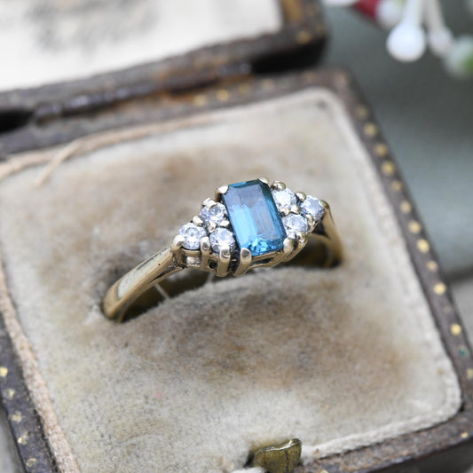 Vintage 9ct Gold Ring with Emerald Cut Blue Stone with Clear Stones - Solid Gold Jewellery Gift for Her | UK Size - P | US Size - 8