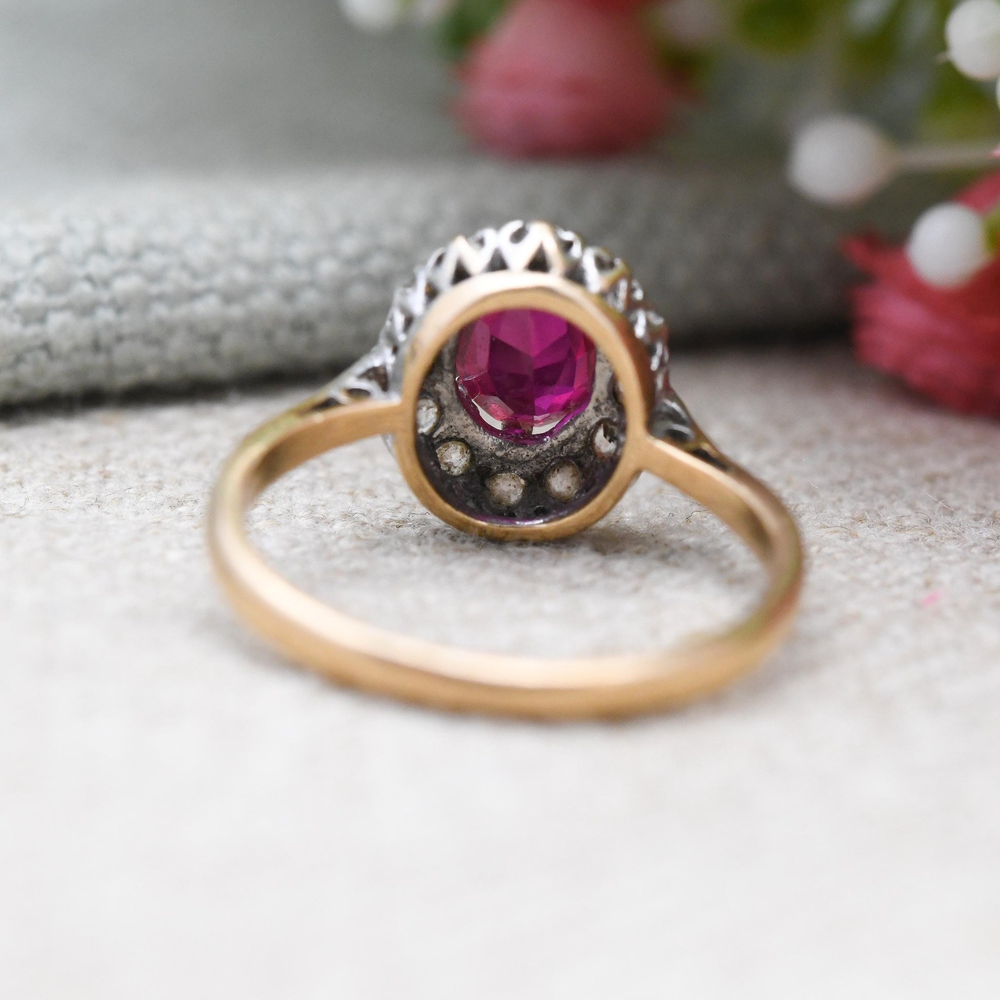 Vintage 9ct Gold Ruby Cluster ring with Clear Stones - Floral Pretty Gold Jewellery Gift for Her | UK Size - K 1/2 | US Size - 5 1/2
