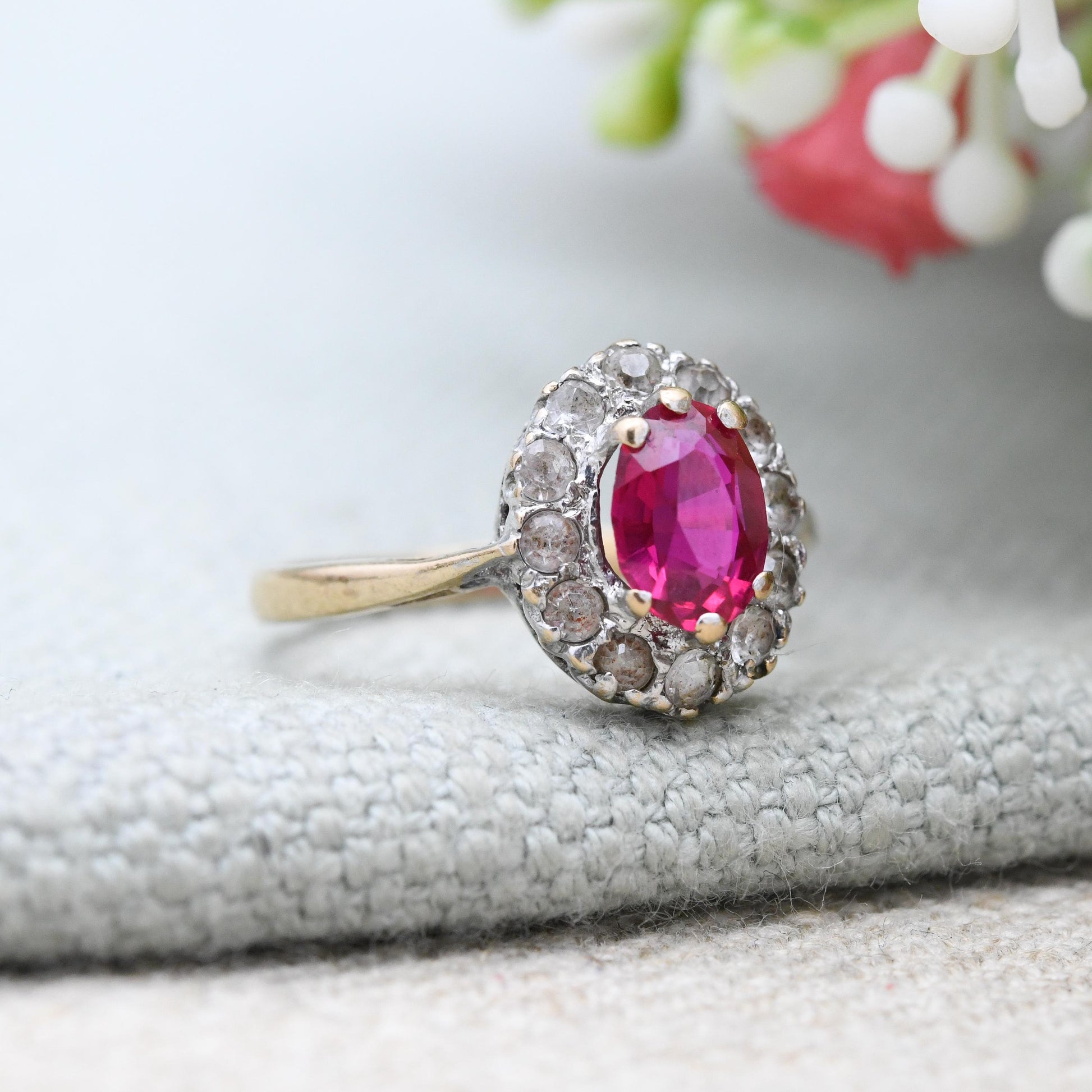 Vintage 9ct Gold Ruby Cluster ring with Clear Stones - Floral Pretty Gold Jewellery Gift for Her | UK Size - K 1/2 | US Size - 5 1/2