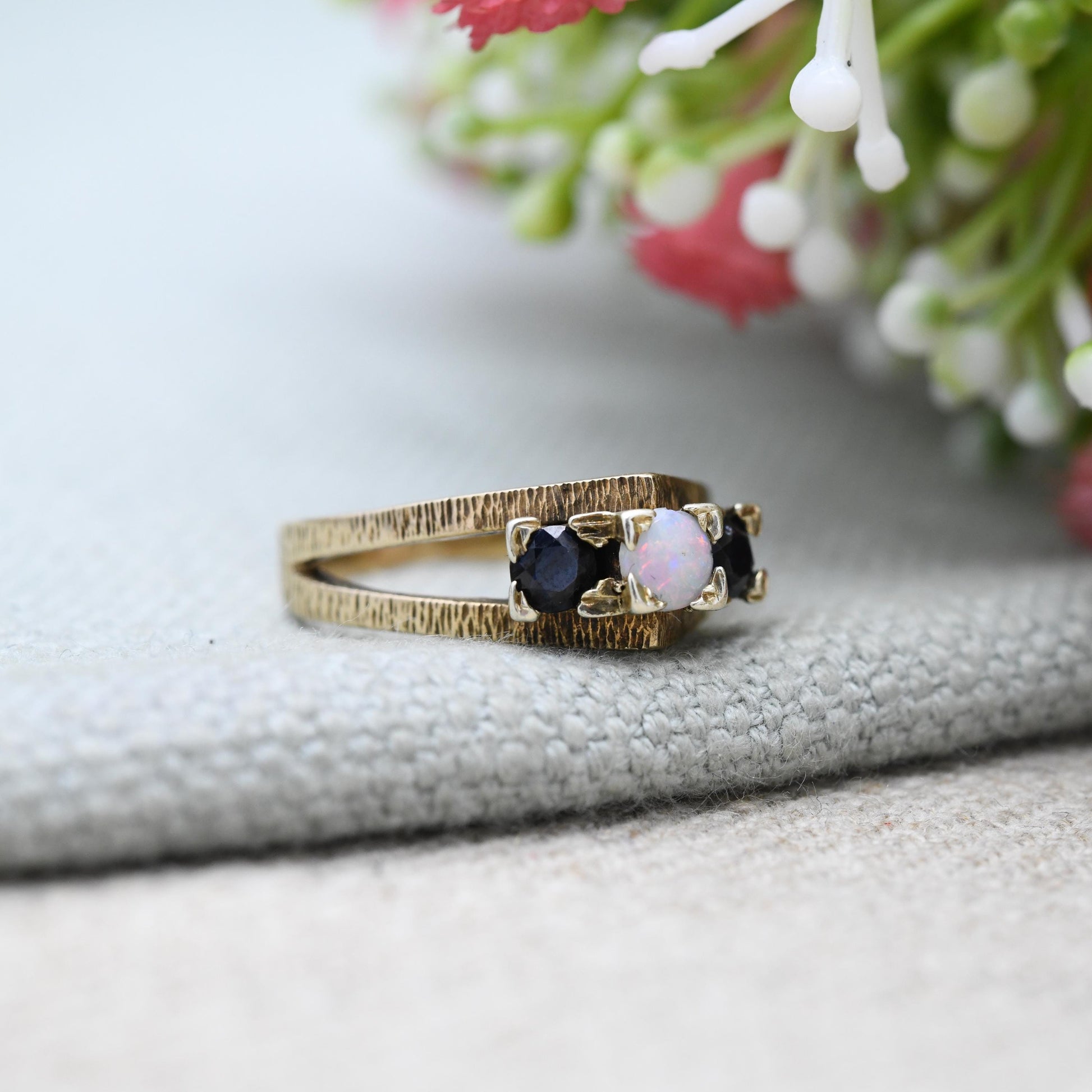 Vintage 9ct Gold Sapphire and Opal Three Stone Ring 1975 - 3 Stone Stacking | Bark Texture Gemstone Gift | UK Size - O 1/2 | US Size - 7 1/2