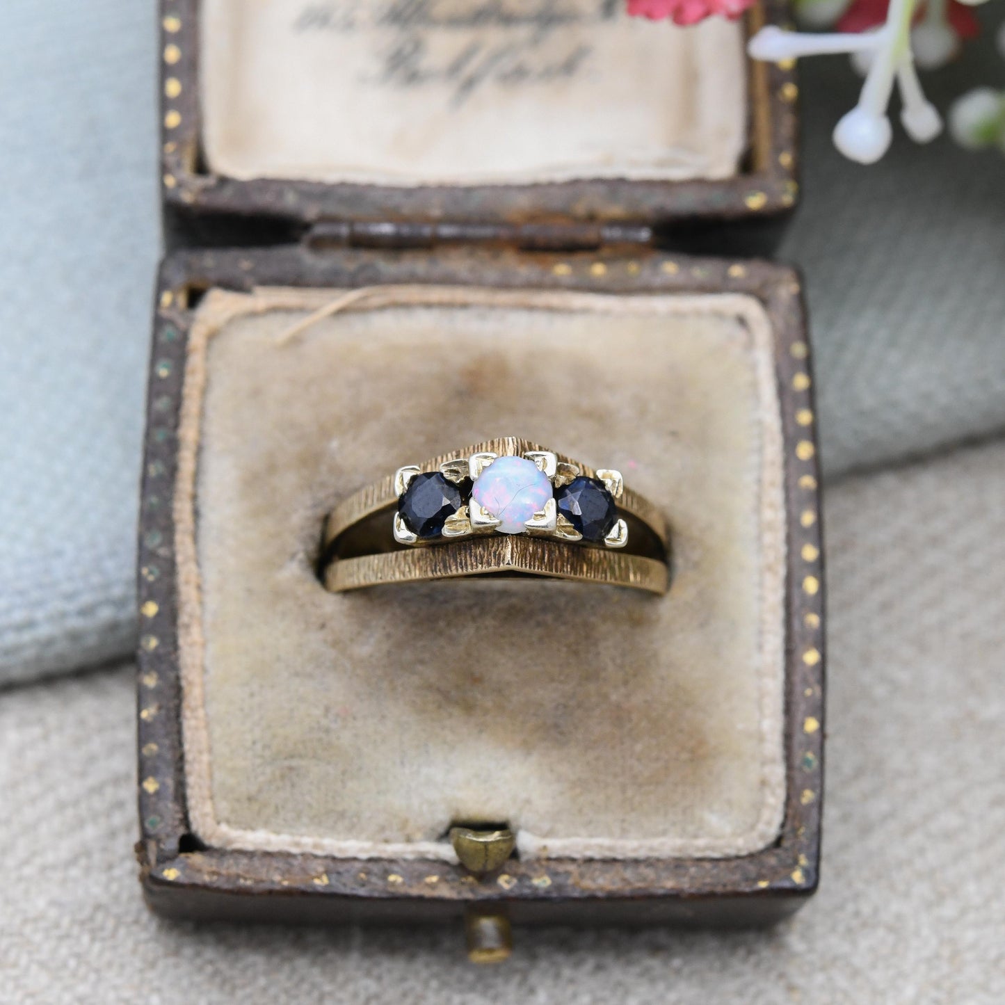 Vintage 9ct Gold Sapphire and Opal Three Stone Ring 1975 - 3 Stone Stacking | Bark Texture Gemstone Gift | UK Size - O 1/2 | US Size - 7 1/2