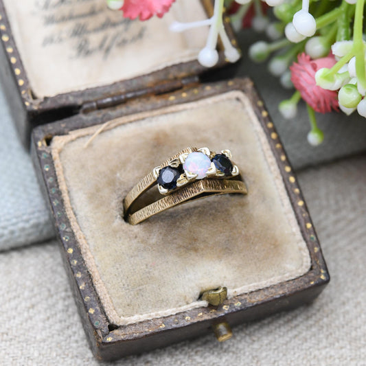 Vintage 9ct Gold Sapphire and Opal Three Stone Ring 1975 - 3 Stone Stacking | Bark Texture Gemstone Gift | UK Size - O 1/2 | US Size - 7 1/2