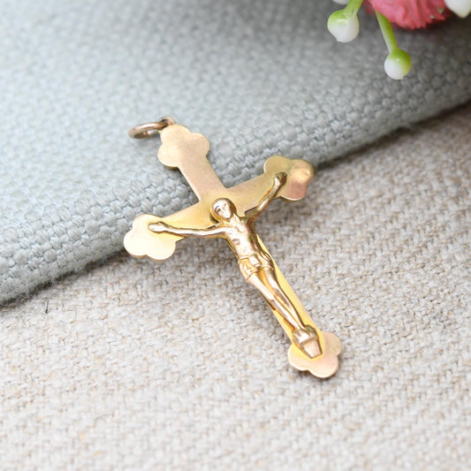 Antique 9ct Gold Crucifix Pendant - Jesus on the Cross Solid Yellow Gold Jewellery Religious Necklace Christening Baptism