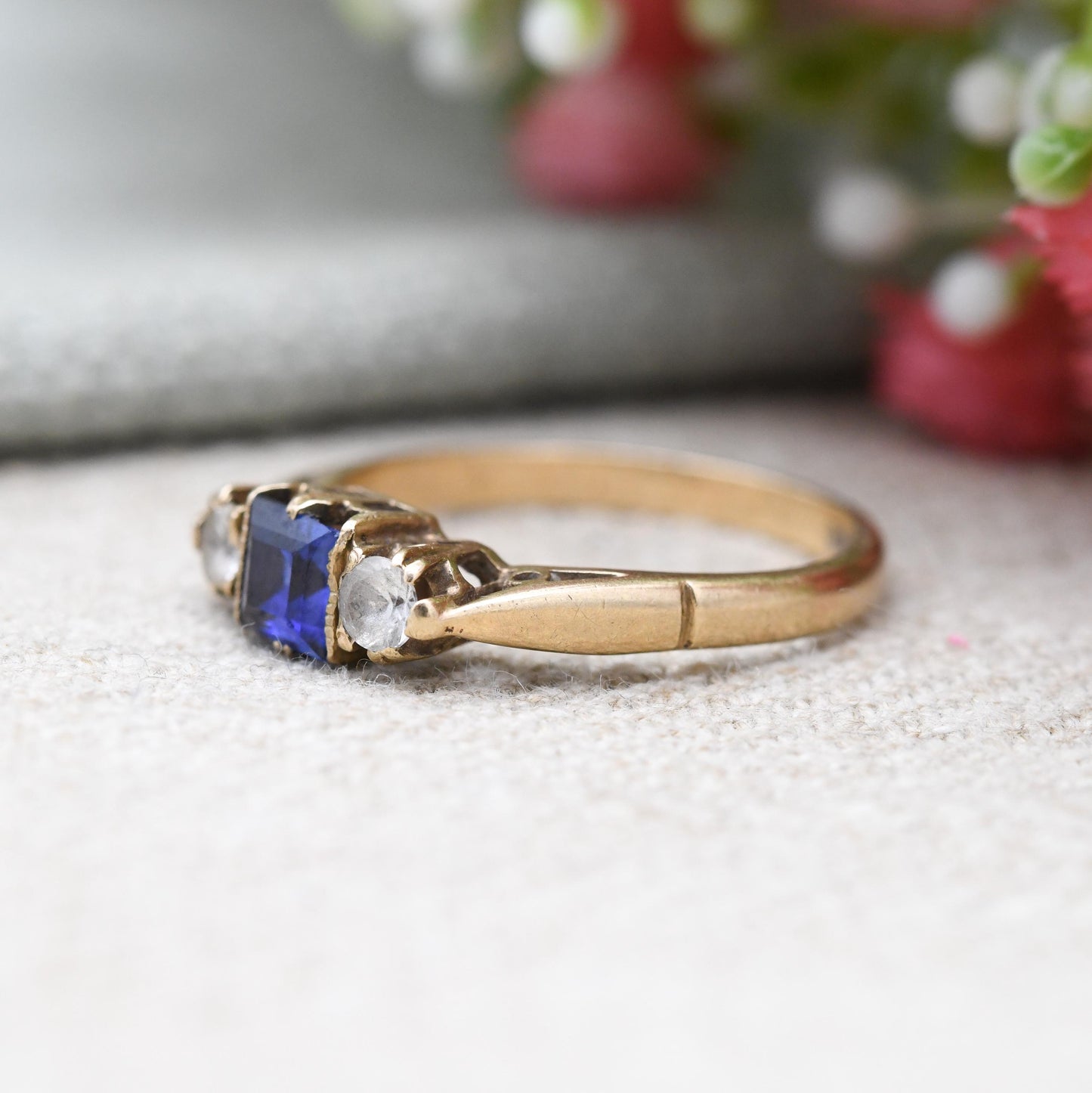 Vintage 9ct Gold Blue Stone Three Stone Ring 1987 - Large Deep Blue Synthetic Stone Cocktail Ring | UK Size - P 1/2 | US Size - 8