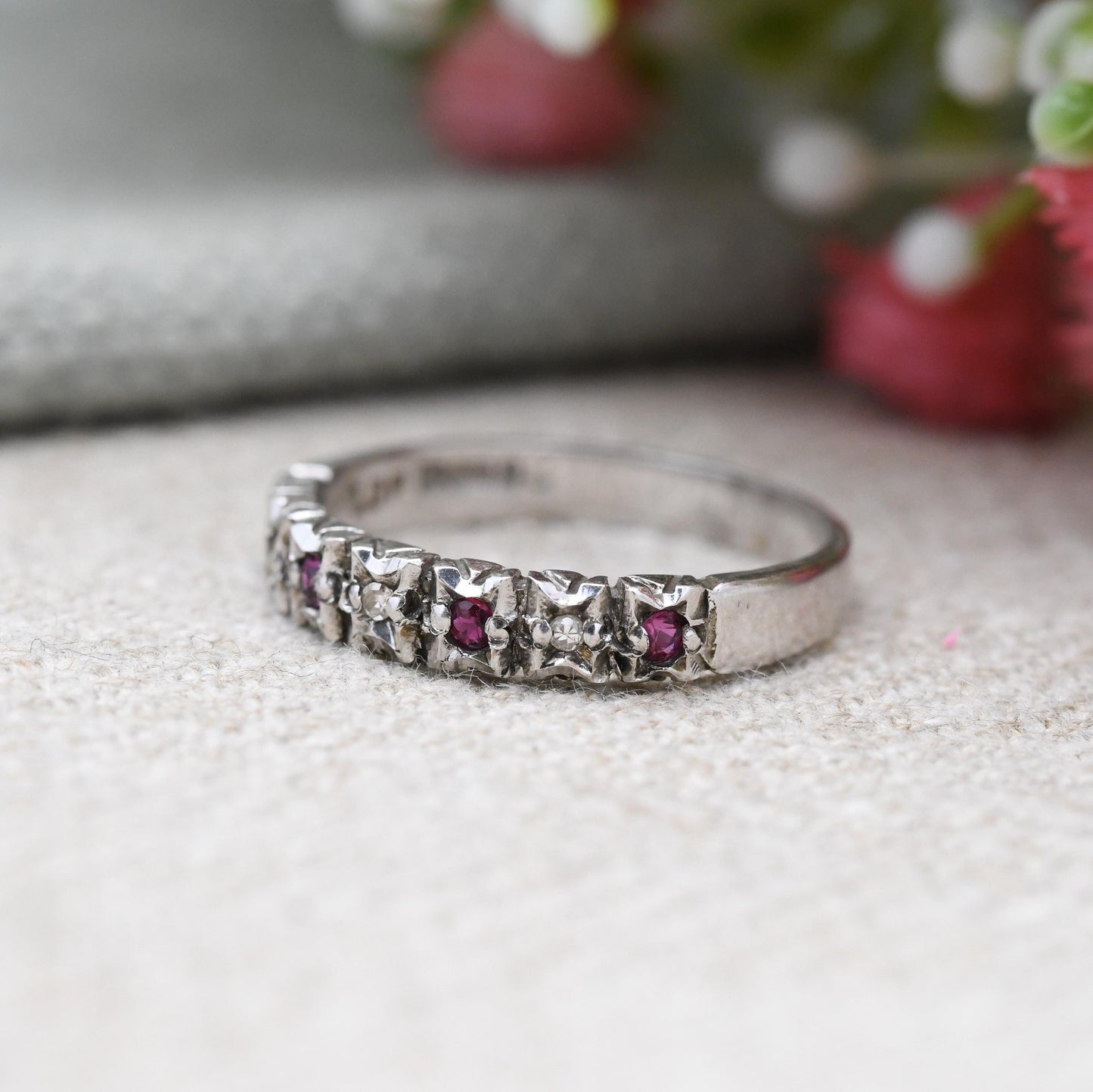 Vintage 9ct White Gold Ruby Diamond Half Eternity Ring - LDP | UK Size - M 1/2 | US Size - 6 1/2