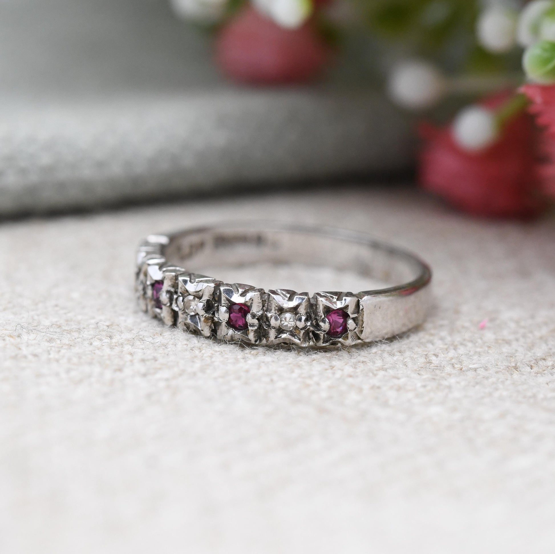 Vintage 9ct White Gold Ruby Diamond Half Eternity Ring - LDP | UK Size - M 1/2 | US Size - 6 1/2