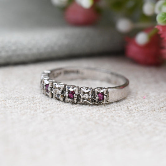 Vintage 9ct White Gold Ruby Diamond Half Eternity Ring - LDP | UK Size - M 1/2 | US Size - 6 1/2