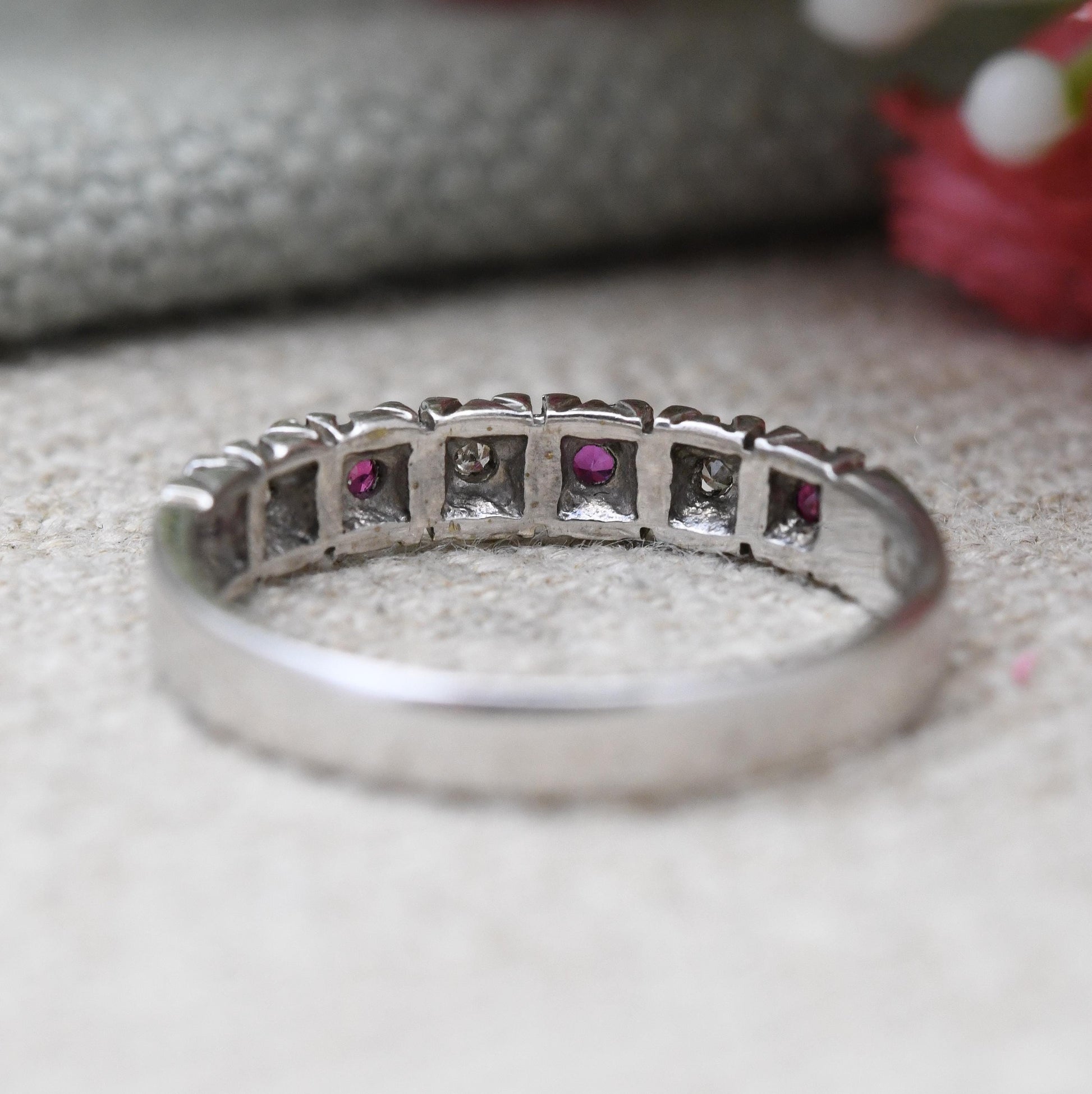 Vintage 9ct White Gold Ruby Diamond Half Eternity Ring - LDP | UK Size - M 1/2 | US Size - 6 1/2