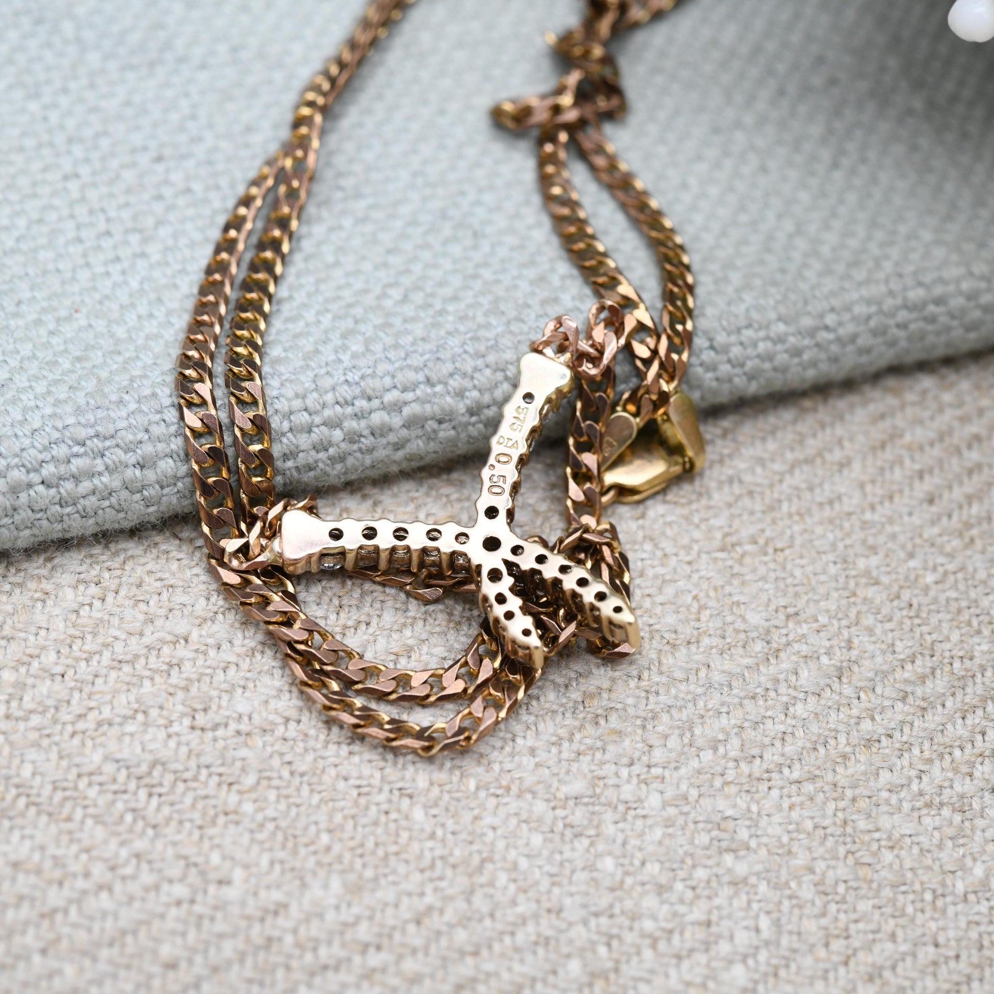 0.5 Carat Diamond Necklace 9ct Gold Vintage 1994 50 Points - 9K Solid Rose Gold Chain Flat Links | 53.5cm | 21"