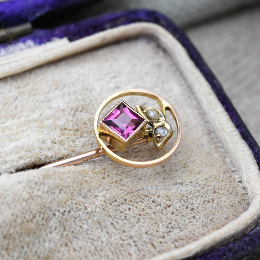 Antique Edwardian 9ct Gold Amethyst Pin Brooch with Gemstone Leaf Design - Purple Stone Seed Pearl | Floral Leaf Pin