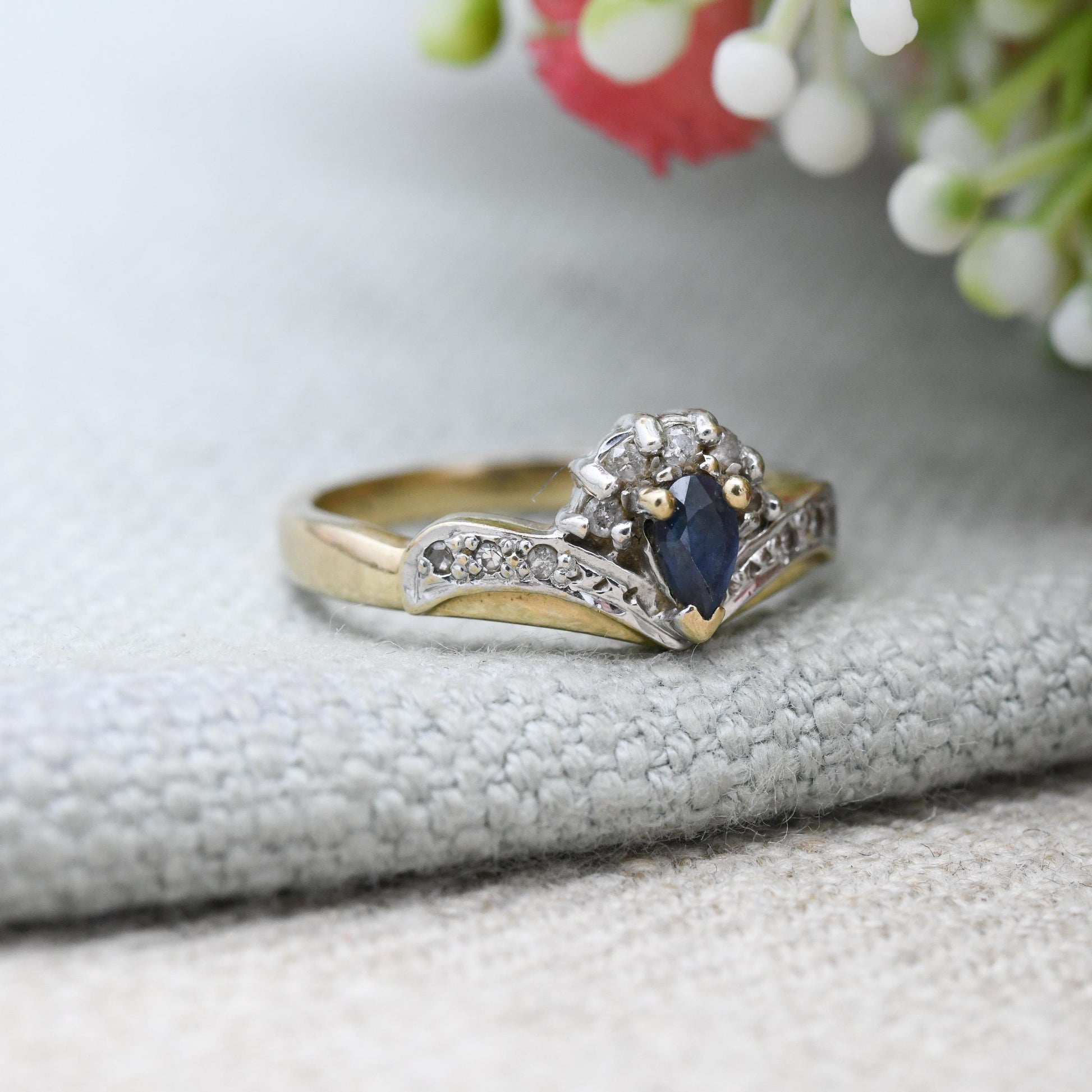 Vintage 9ct Gold Diamond Sapphire Ring - Wishbone Cluster Statement Cocktail Deep Blue Engagement Ring Gift | UK Size - M | US Size - 6 1/4