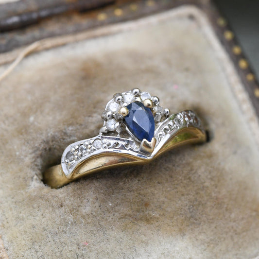Vintage 9ct Gold Diamond Sapphire Ring - Wishbone Cluster Statement Cocktail Deep Blue Engagement Ring Gift | UK Size - M | US Size - 6 1/4
