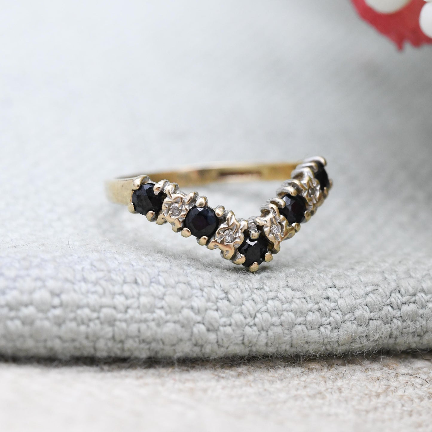 Vintage 9ct Gold Sapphire and Diamond Half Eternity Ring - Alternate Blue White Gem Stacking Ring | UK Size - I 1/2 | US Size - 4 1/2