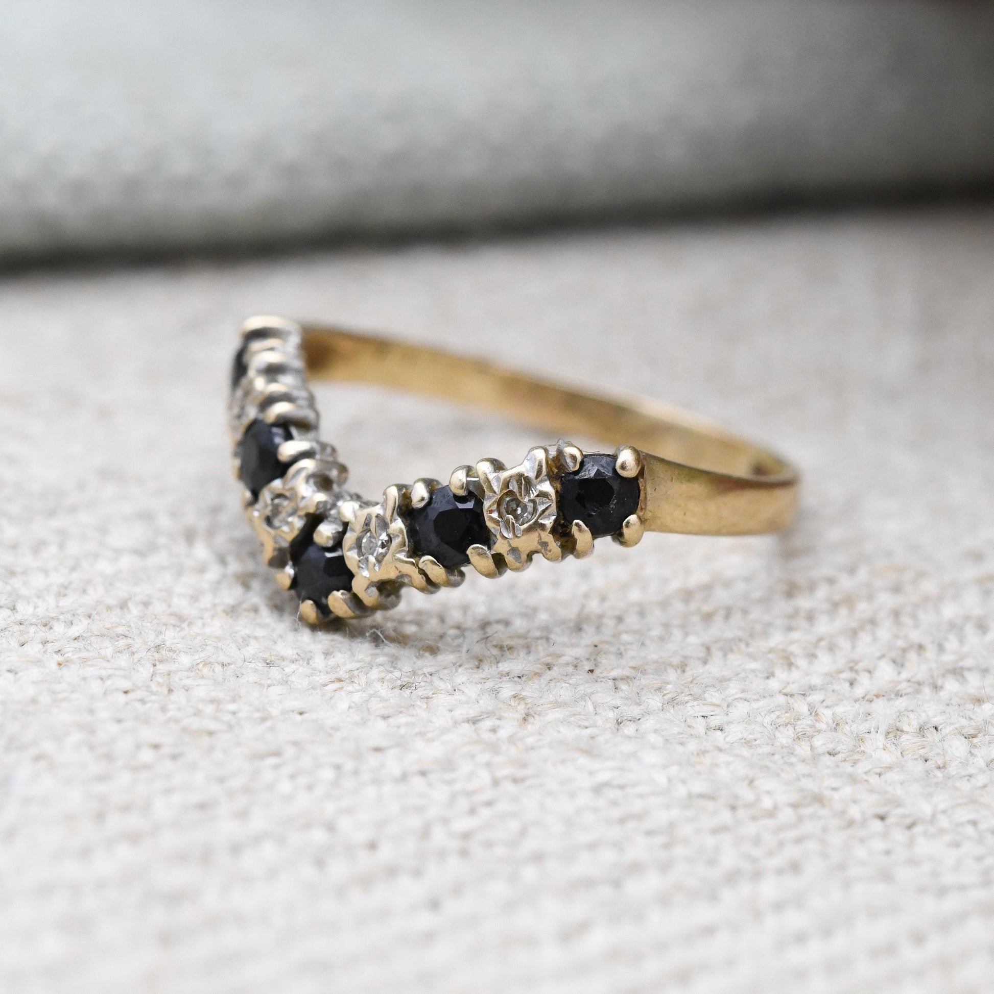 Vintage 9ct Gold Sapphire and Diamond Half Eternity Ring - Alternate Blue White Gem Stacking Ring | UK Size - I 1/2 | US Size - 4 1/2